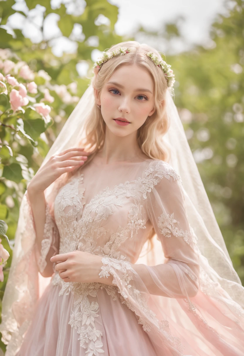 (Full body photo of 1 girl dressed as a bride，Wearing a large transparent veil and a pink dress + Soft and delicate + blond hairbl)+(Long dress in bright colors, bright light, long straight blond hair + Bright and welcoming eyes)+(Pink petals + light wind + with blue sky and white clouds + Green and flowering woods)