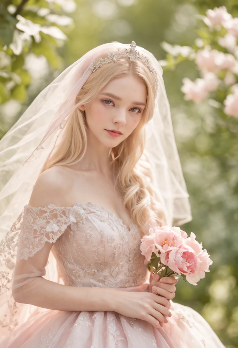 (Full body photo of 1 girl dressed as a bride,Wearing a large transparent veil and a pink dress + Soft and delicate + blond hairbl)+(Long dress in bright colors, bright light, long straight blond hair + Bright and welcoming eyes)+(Pink petals + light wind + with blue sky and white clouds + Green and flowering woods)
