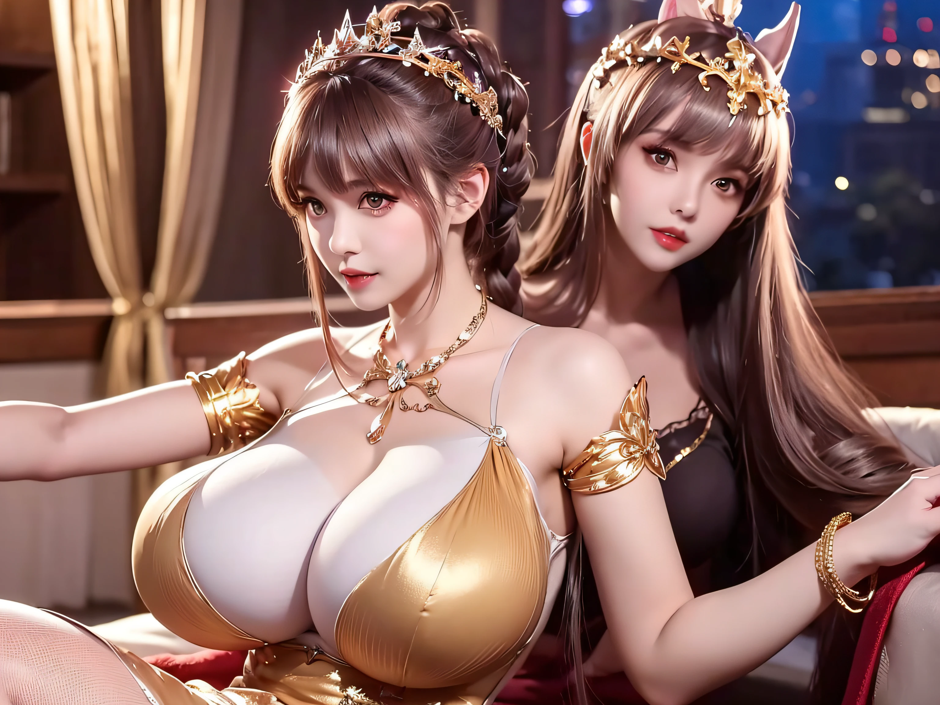 4K Ultra HD, Masterpiece, A cute girl,gigantic cleavage breasts, ((Super breast lift:1.4)),cleavage,Protruding , Long hair, Princess dress, Golden dress, Bare waist, Lace, necklace, head gear, lunar backdrop, Sitting,