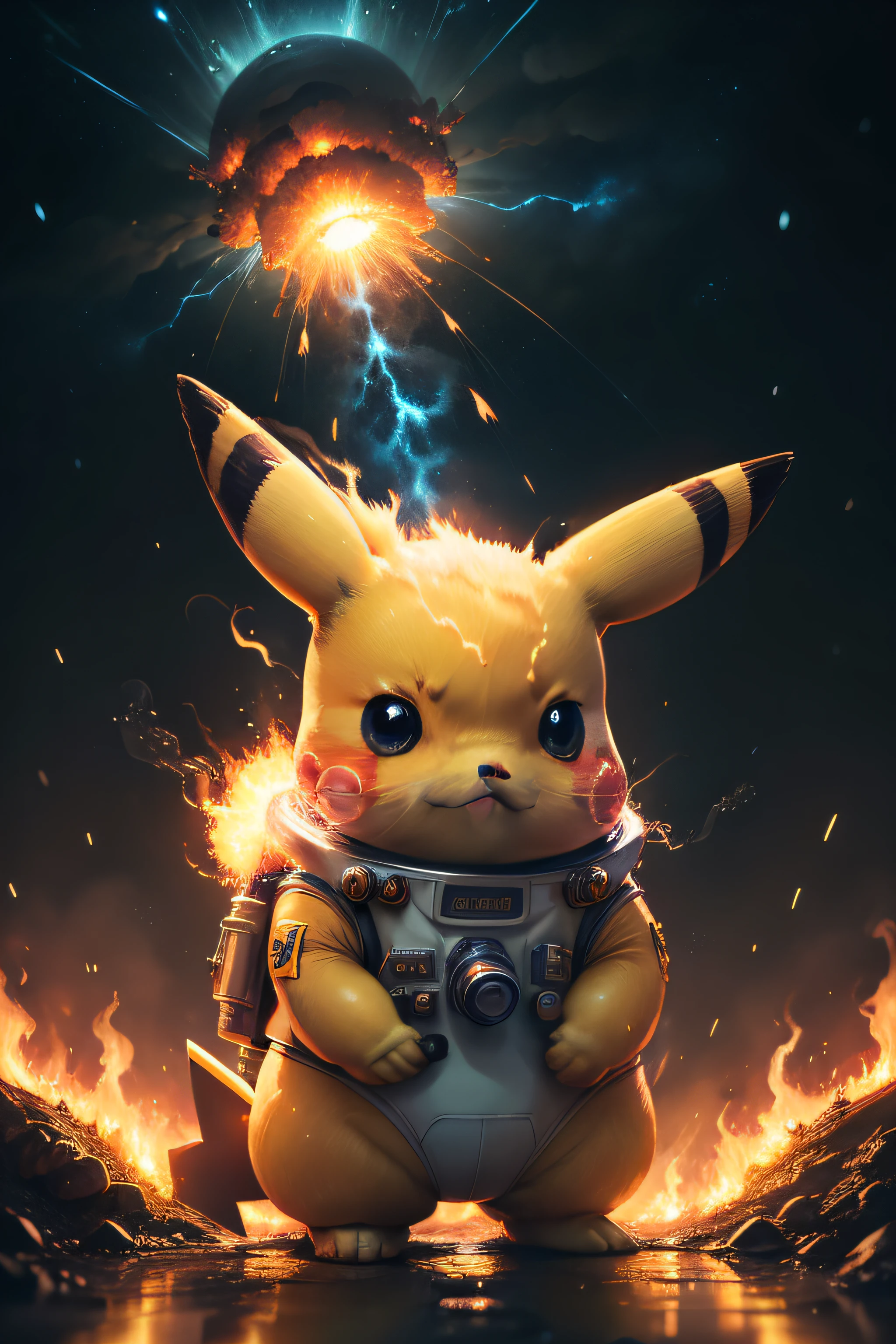 masterpiece,best quality, illustration, Pikachu wearing space suit,beautiful detailed glow,(flames of war:1.2),(nuclear explosion behide:1.3),rain,detailed lighting,detailed water,(beautiful detailed eyes:1.1),expressionless,