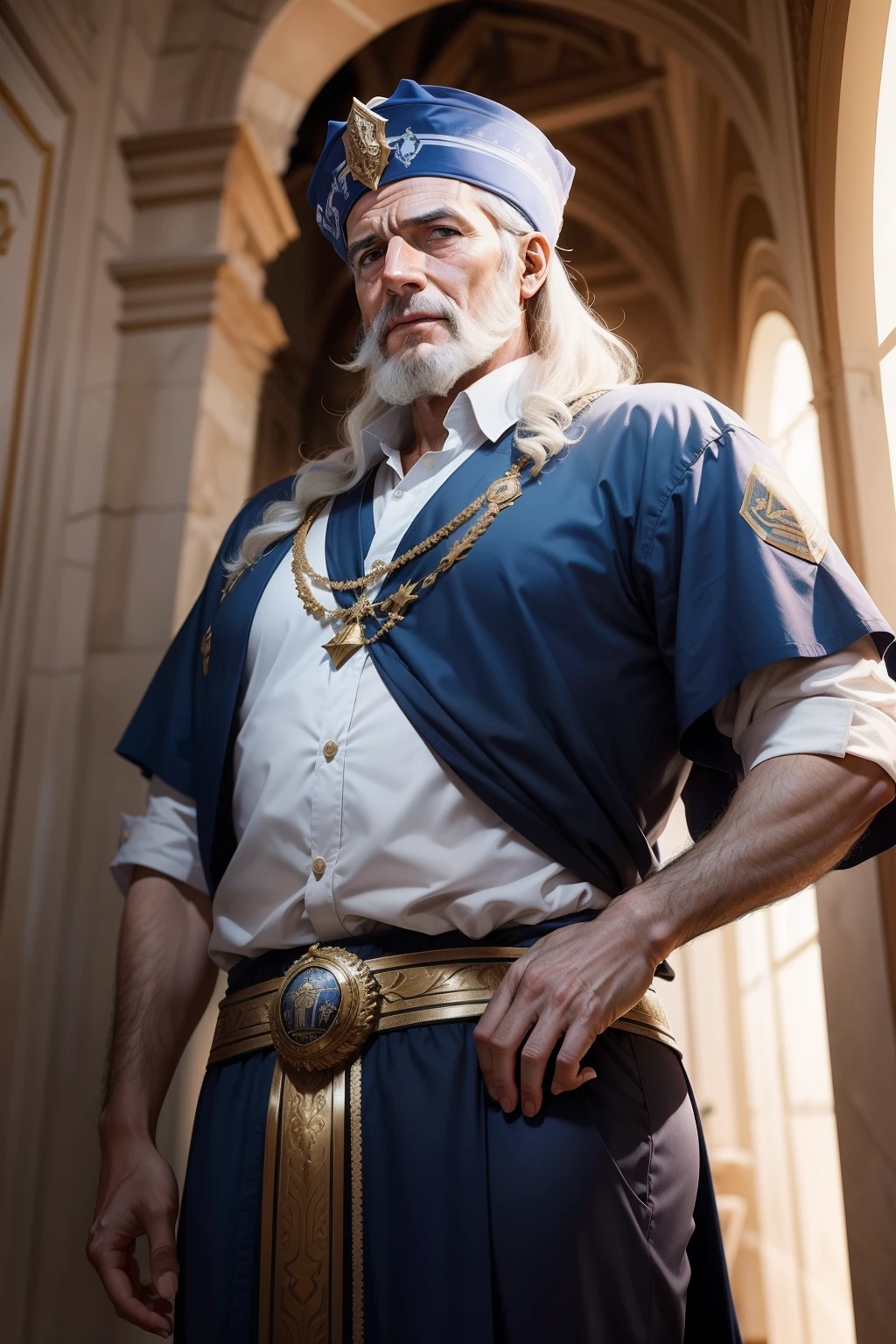 rie uma imagem de um grande lider governante, he is King David, A very famous king of biblical times, com idade aproximada de 60 anos, muito poderoso, in a setting where he can see the people around him, He is very thoughtful and feeling a great responsibility to be a great leader, ele precisa cuidar bem do seu povo.