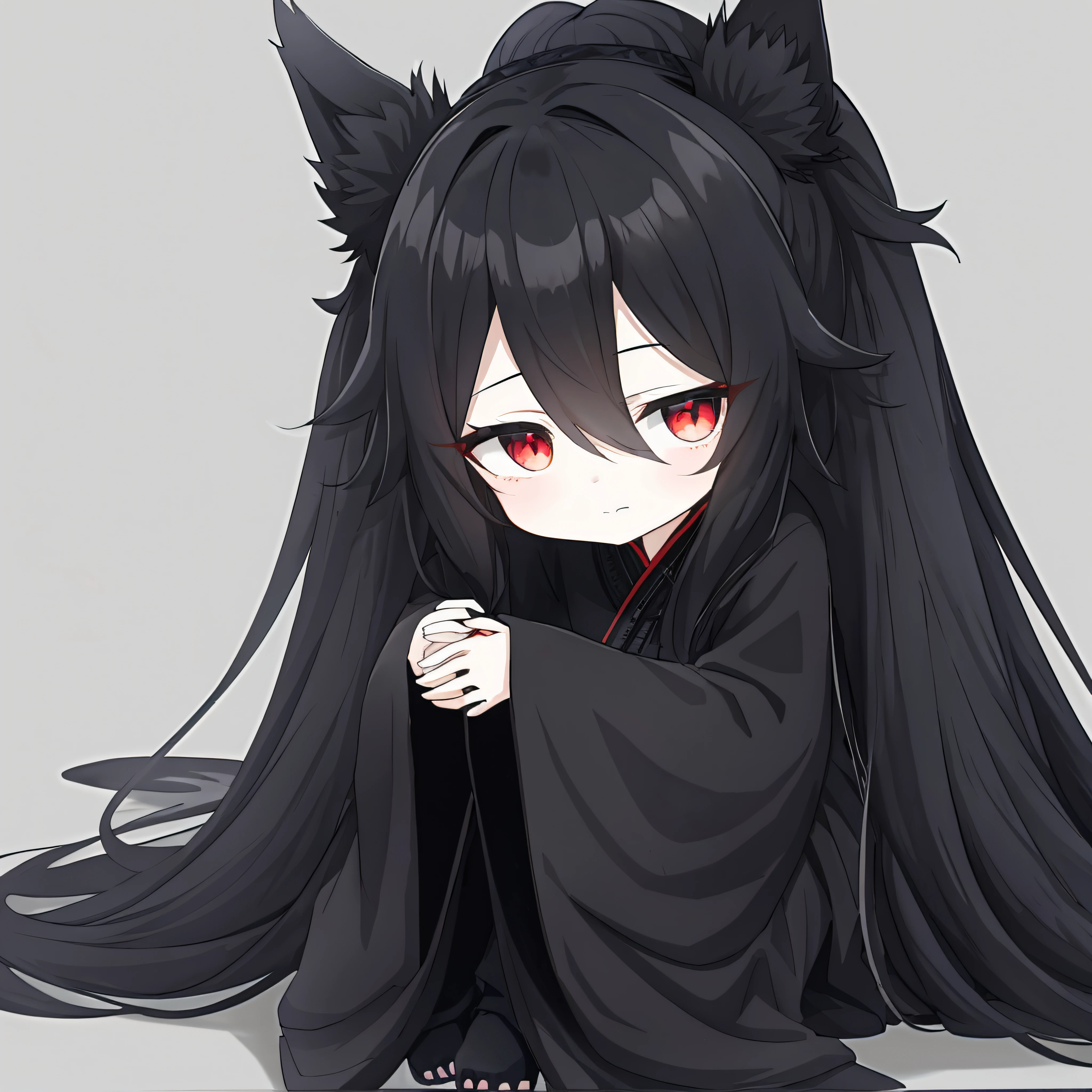 Anime girl sitting on ground with long black hair and red eyes, cute anime catgirl, anime girl with cat ears, demon anime girl, beautiful anime catgirl, From Arknights, anime catgirl, anime moe art style, black hair black cat ears, Very beautiful anime cat girl, in a cloak with long hairs, (Anime girl)