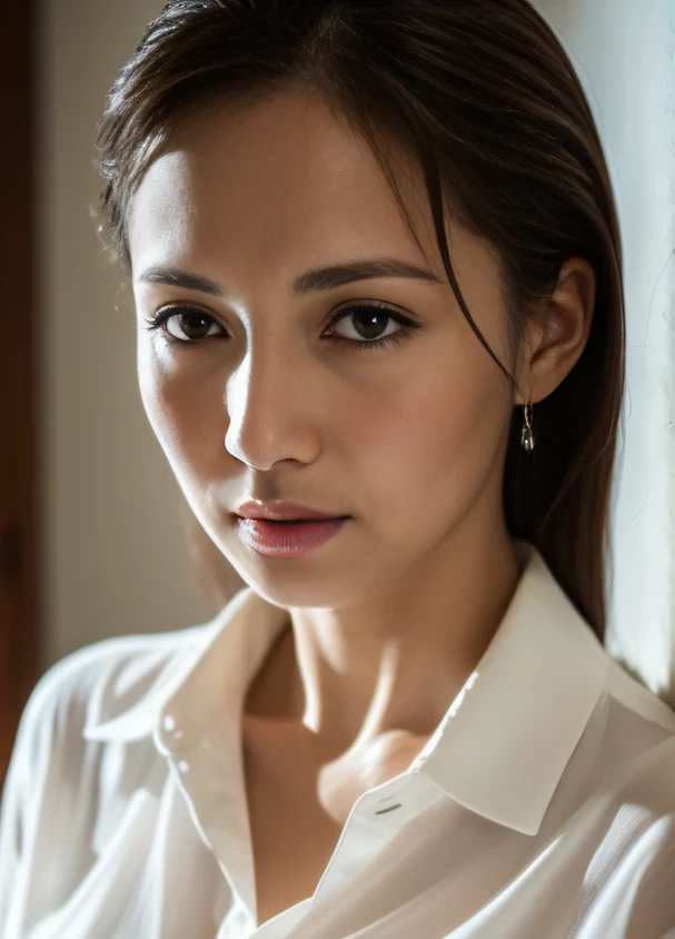 masterpiece,best quality, (milf:1), ((close up:1.5)), cross arms, wet white shirt, melancholy, in room