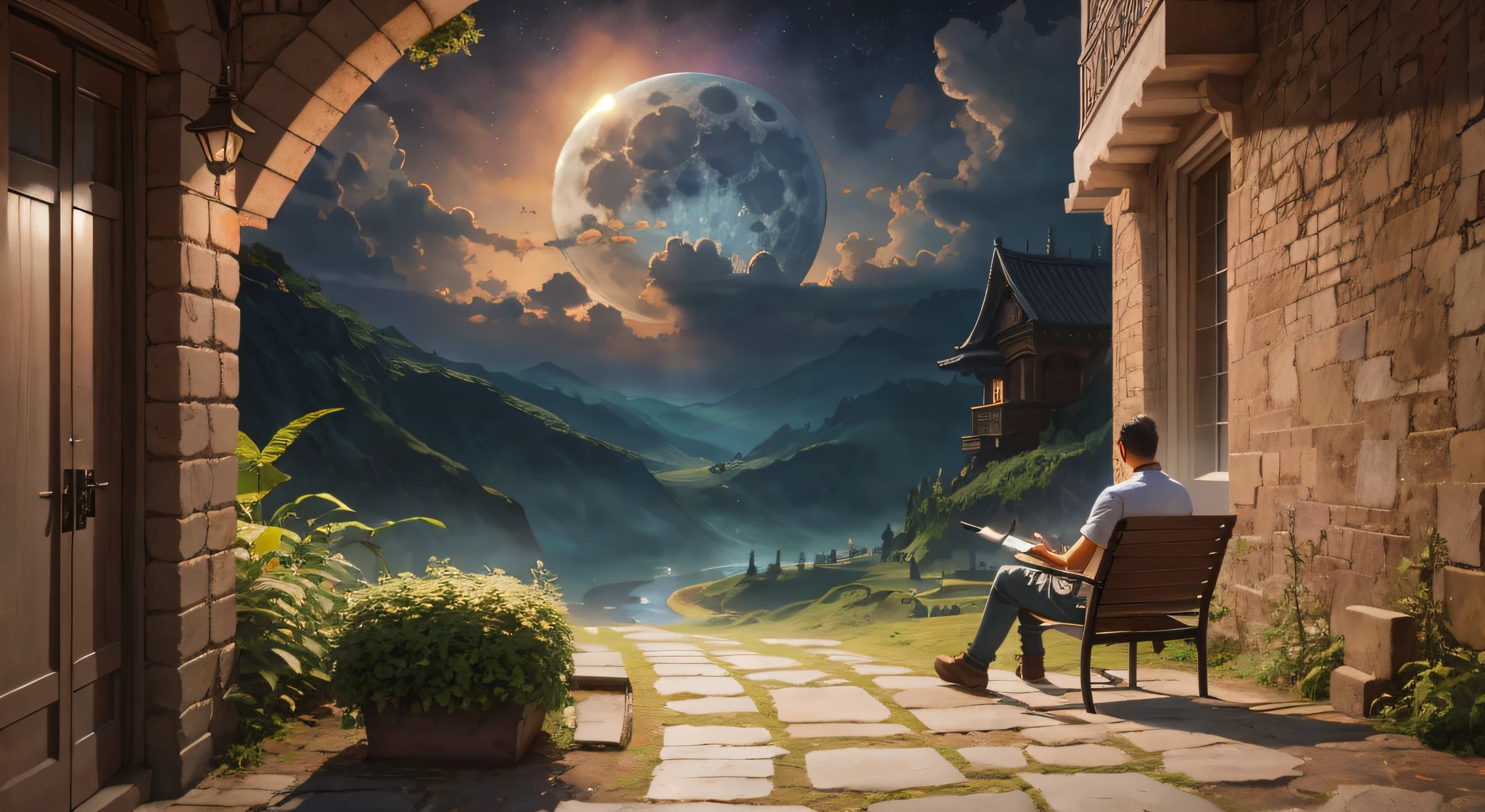 There's a man sitting on a bench looking at a full moon, realistic fantasy rendering, Fantasy Style 8k Octane Rendering, (octan render) estilo fantasia, realistic fantasy illustration, sentado em uma lua, pintura fosca sonhadora, blue moon ray tracing, Surrealismo 8K, Arte digital altamente detalhada em 4k, epic surrealism 8k oil painting, surreal 3 d render