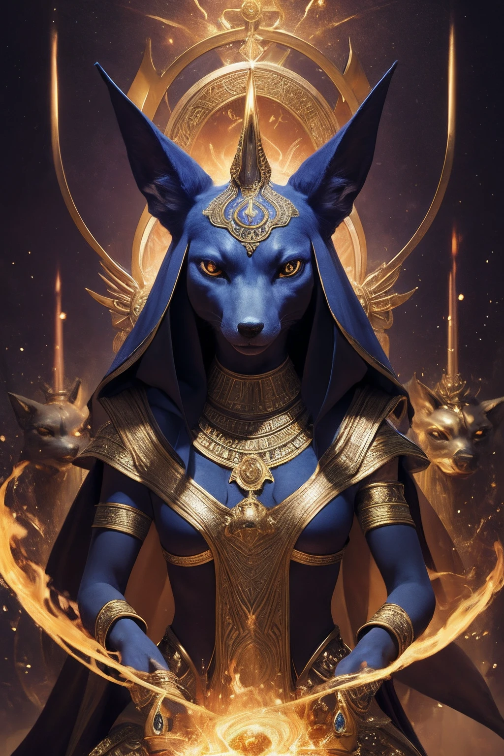 In a celestial palace of shimmering opalescence, Egyptian deity Anubis descends from interstellar realms, enveloped in cosmic hues and adorned with nebulous stardust, bestowing ethereal guidance amidst a cascading aurora of divinity.