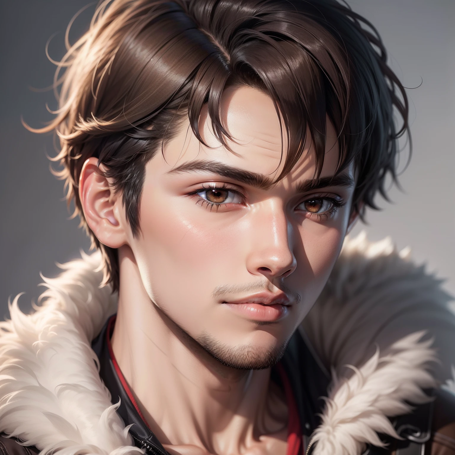 Anime photo of a young man in his 20s, short crew cut hair, brown eyes, on a profile picture background, 800pxby800px, in maximum quality ultra hd 8k fur realistic, high quality, High resolution sharpness color accuracy low dynamic range noise, innovative and unique images.