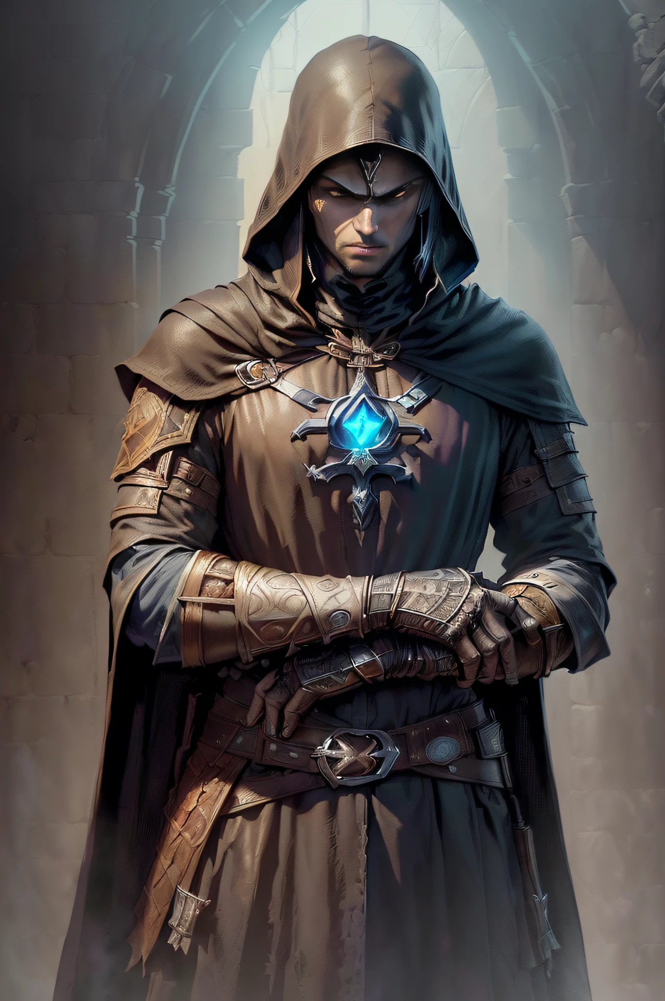 (superfine illustration, Best Quality, Ultra-detailed, Correct delineation, Perfect fingers, Perfect hands, Medieval fantasy illust:1.5), (mysterious assassin belonging to a cult, Male Focus, Solo, atmosphere that makes it difficult to talk:1.5), fold his arms, looking down at viewer, tall, (is wearing assassin costume:1.5), stone wall as background, guild inside, closed eyes,