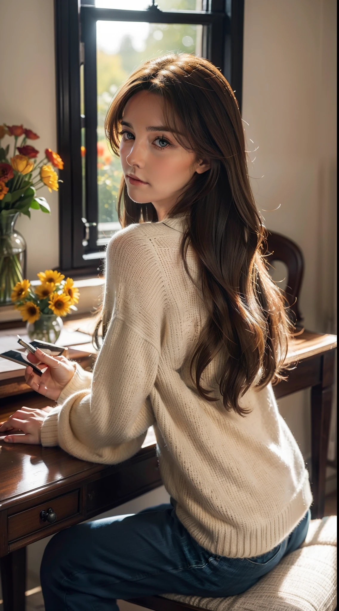 Beautiful and elegant England girl,Twenty-two years old, princess Kate Middleton，（The face looks like Kate Middleton），long golden-brown hair，A shallow smile,（Blue affectionate eyes）,（Very detailed and perfect facial depiction）, Sit in the antique study，Side view，looking lovingly at the viewer，A hint of melancholy，Maroon sweater，Black Capri pants，Study desk，vases，hanging lights，The setting sun shines obliquely through the glass windows，Autumn tones,(A variety of flowers:1.1),（light and shadow effect），（Light particle tracing），（vivid colour）,（Obvious layers）,（Photography Award）,（8k wallpaper）,（Masterpiece）,（best quality）, photorealistic，realisticlying