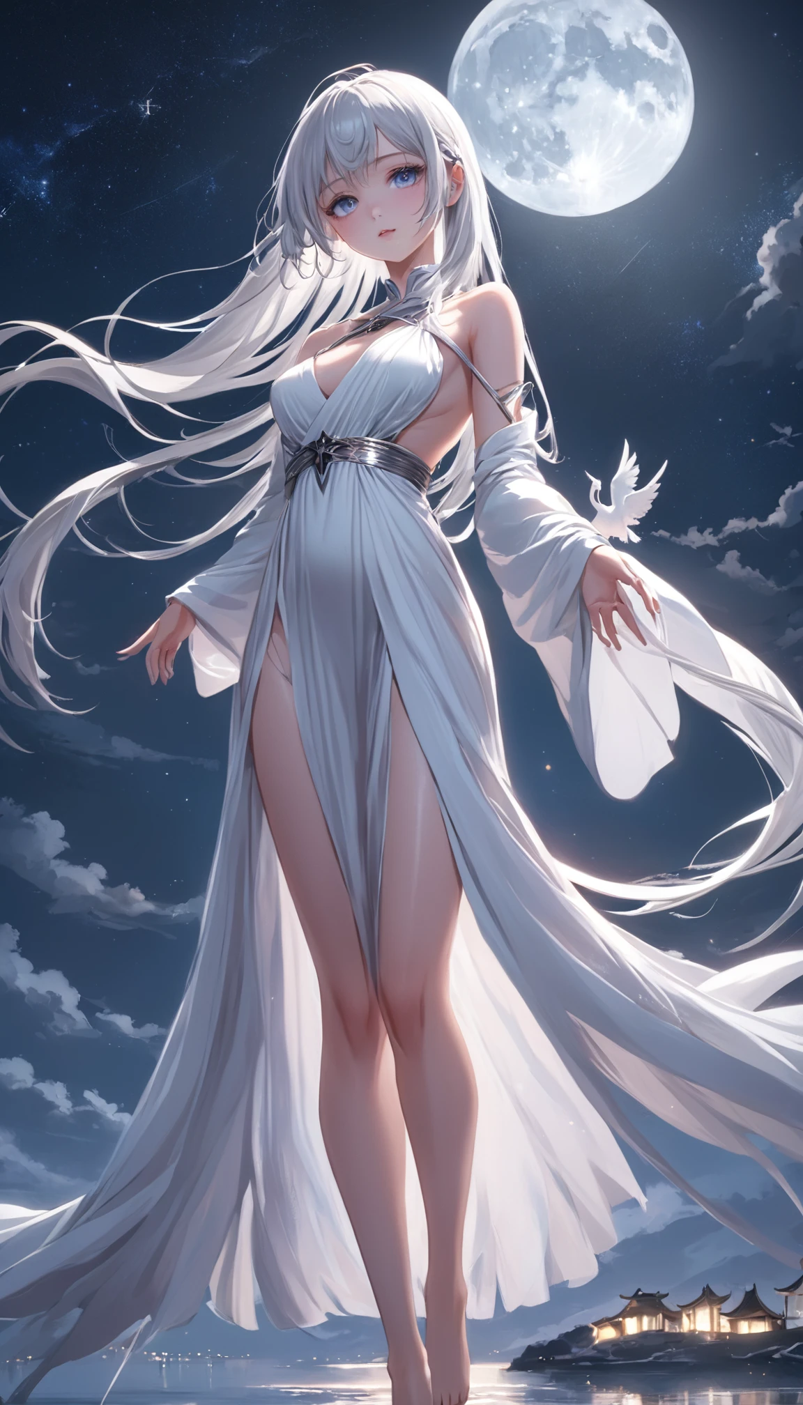 (best qualtiy，tmasterpiece), Beautiful  girl, Beautiful goddess, Sexy goddess, magestic, Robe, white crane, salama, The right hand, A long flowing dress, Slender legs Silver hair, By bangs, Detailed scenes, the night, starrysky, cold light, full moon, ((black in color: 1.4)), ((white colors: 1.1)), ((From below)), ((Orkni shooting))), ((Realistic))