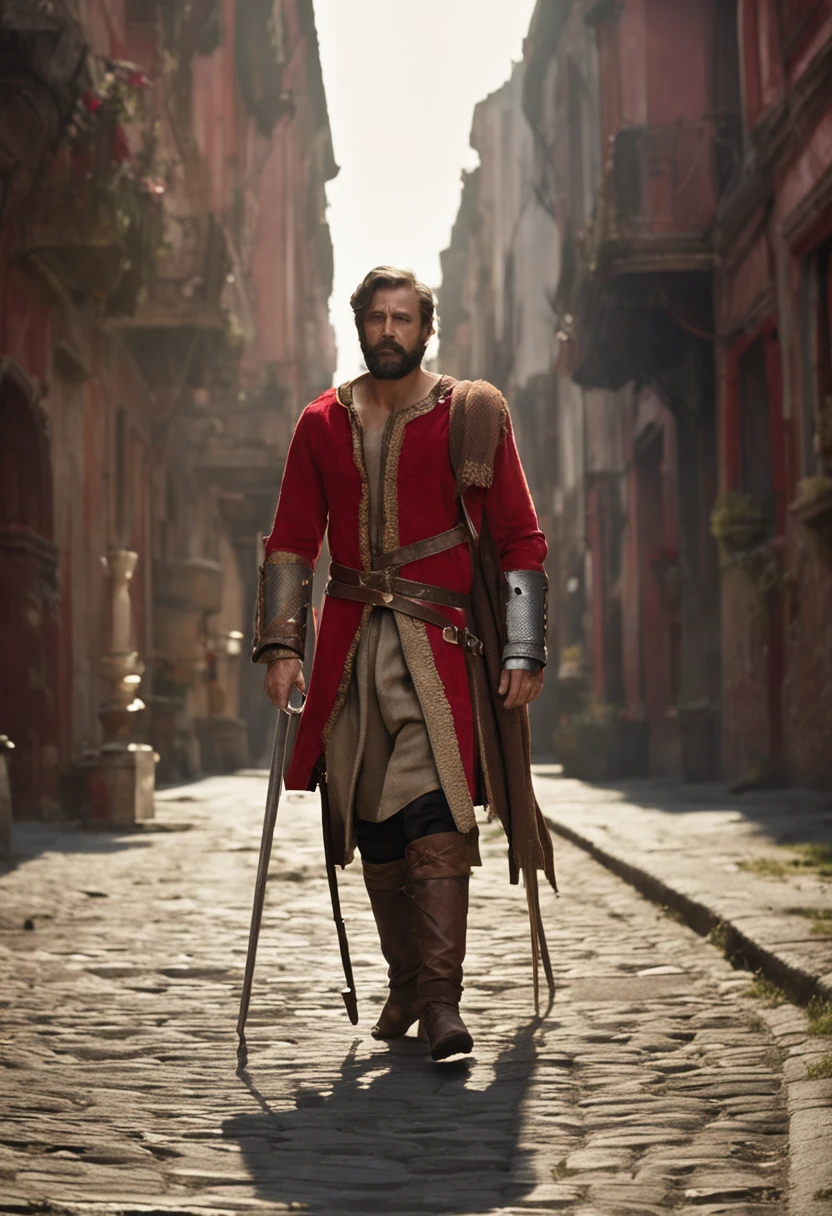 royal male king with a scar of the left side of the face with red clothes and light yellow clothes on the arms, brown short hear and a small beard, small gray sholder pads brown hair