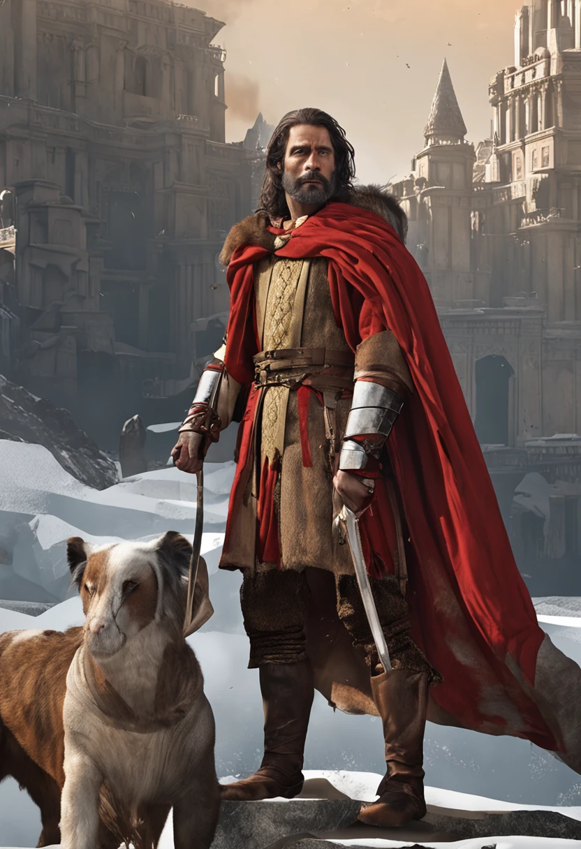 royal male king with a scar of the left side of the face with red clothes and light yellow clothes on the arms, brown short hear and a small beard, small gray sholder pads brown hair