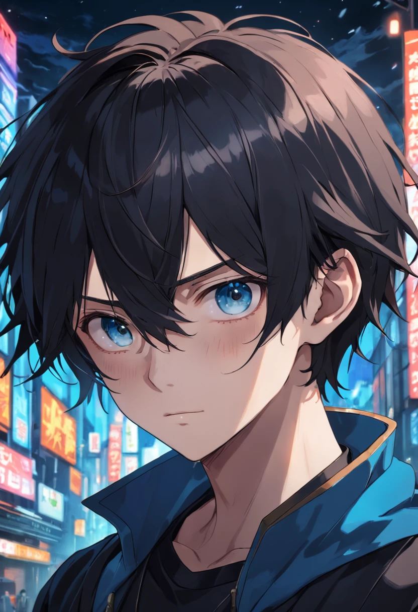 The male,being thin,Short hair, middle parted bangs, Solid black top, Black-brown hairstyle, Dark blue eyes, Boy high detail, High quality,pupils,Gloomy,Introverted,head portrait