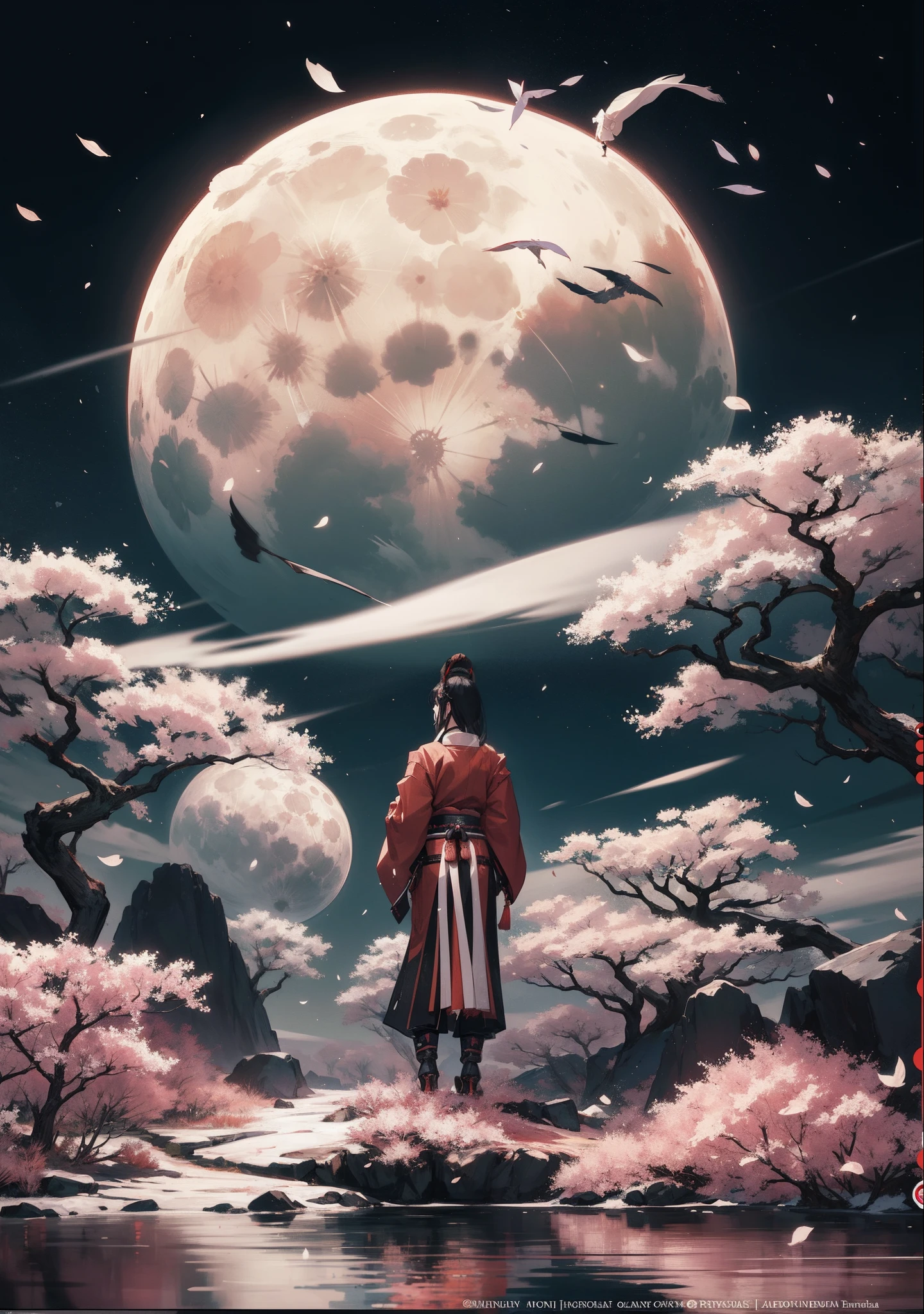 a sexy female samurai standing on a hill with a full moon in the background, sakura trees