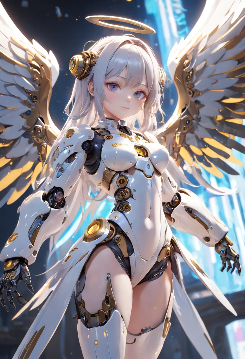 Create a bot、The gesture of the arrival of the angel、Suspended in mid-air、facing at camera、Complete body,in a panoramic view、, With a charming smile, Trigger people's emotions, When you see him, top-quality、tmasterpiece、超A high resolution、(Photorealsitic:1.4)、RAW photo、Steampunk robot angel、Large wing made of metal、White porcelain body、whaite hair、glowy skin、Cyborg girl、((Super realistic details))、porate、The mechanical technology background rounds up the halo of time and the gears are constantly spinning behind it、globalillumination、black shadows、octan render、8K、ultrasharp、Character edge light,Colossal tits、Raw skin is exposed in cleavage、Details of complex ornaments、Acrylic transparent cover、Sumerian details、Hydraulic cylinder、small led lights、highly intricate detail、Realistic light、a purple eye、Radiant eyes、Facing the camera、neon light detail、cow boy shot、Futuristic headgear、Floor plan about the《cyber punk perssonage》、Extra meticulous、future-tech、Faraway view、Full body photo、