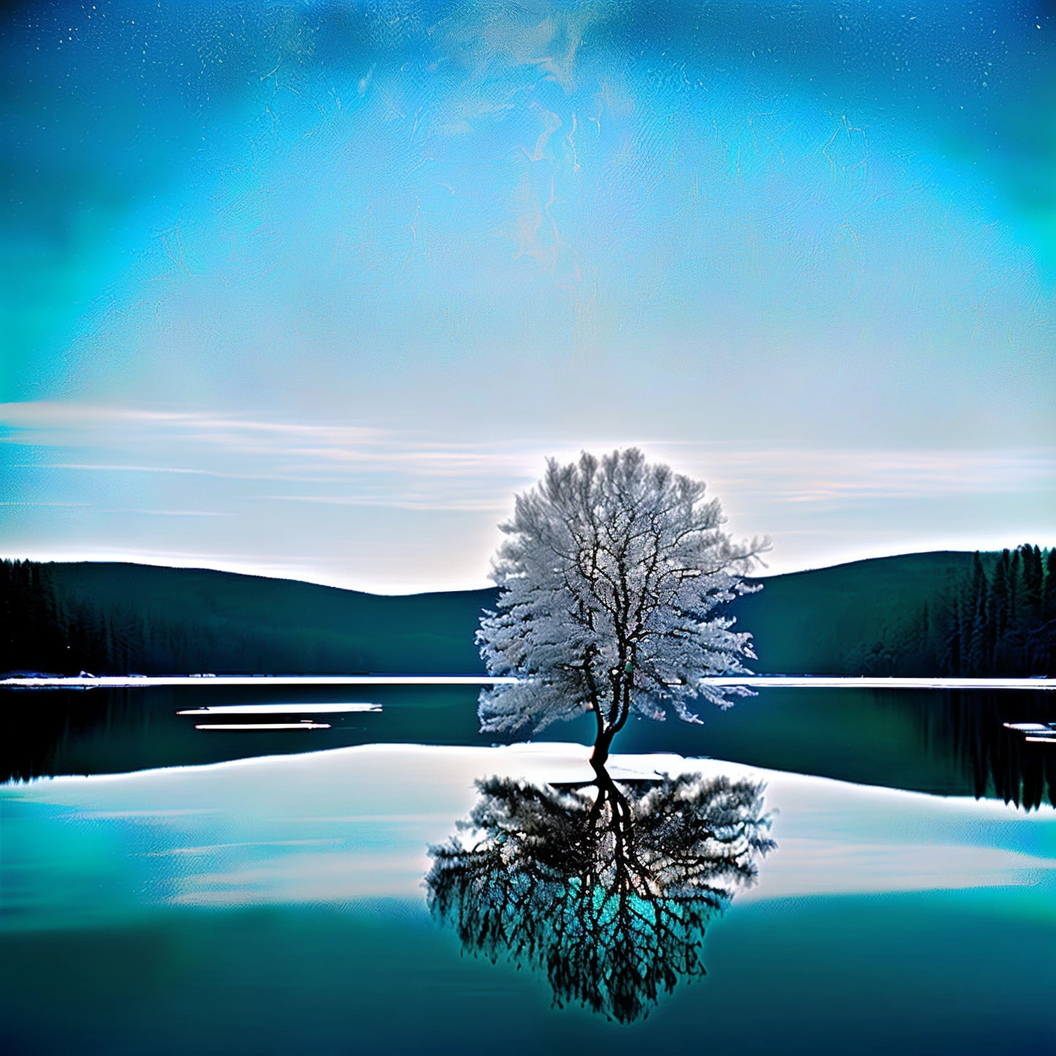 Arabian tree in the middle of a frozen lake,the sky background, surreal frozen landscape, lonely tree, icy lake setting, single tree, the tree is on top of a calm sea, ice snowy lake setting, Frozen lake, Isolated, icy landscape, Sparse frozen landscape, national geographic photo”, frans lanting, Frozen sea, Lonely landscape