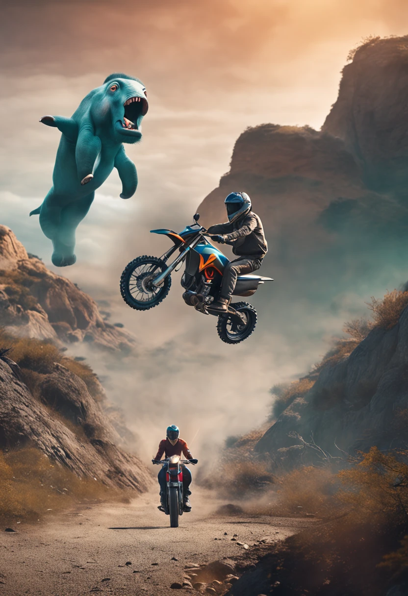 um homem andando de moto , em uma paisagem futuristica , fazendo acrobacias 4k elefante do futuro , desenho animado