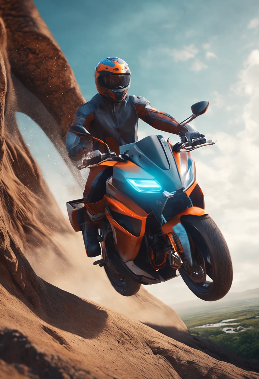 um homem andando de moto , em uma paisagem futuristica , fazendo acrobacias 4k elefante do futuro , desenho animado