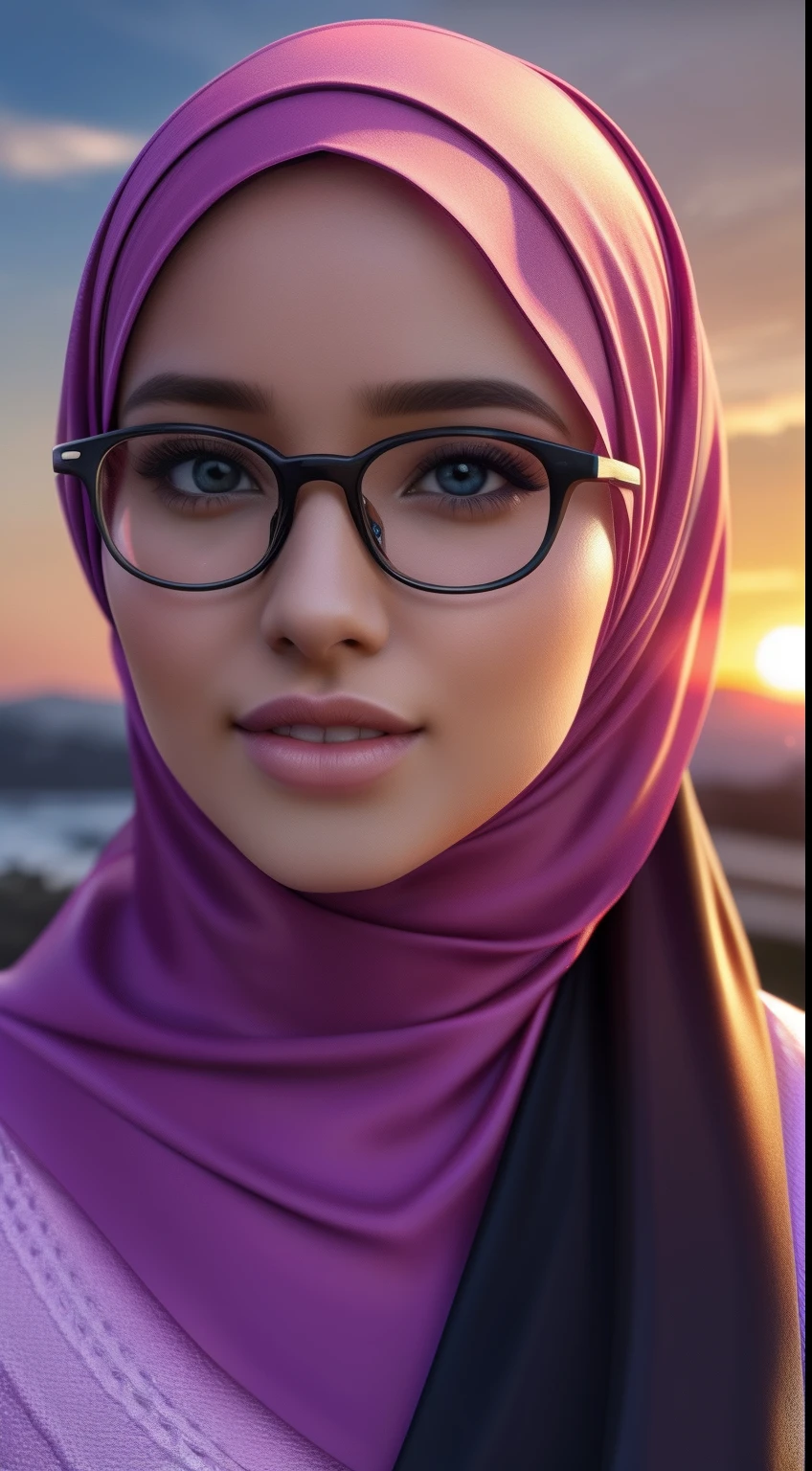 ultra realistic,16k,enhanced quality,perfect face,perfecthands,perfect body,ultra detailed,1girl,perfect hair,girl wearing glasess,perfect glasses,perfectsmile with braces,ultra realistic portrait:1.2,ultra realistic background,ultra realistic sunset, ultra realistic clouds,girl look at viewer:1.5,ultra realistic glowing butterfly,girl wearing perfect hijab,ultra realistic particles,perfect duck lips,islamic hijab,