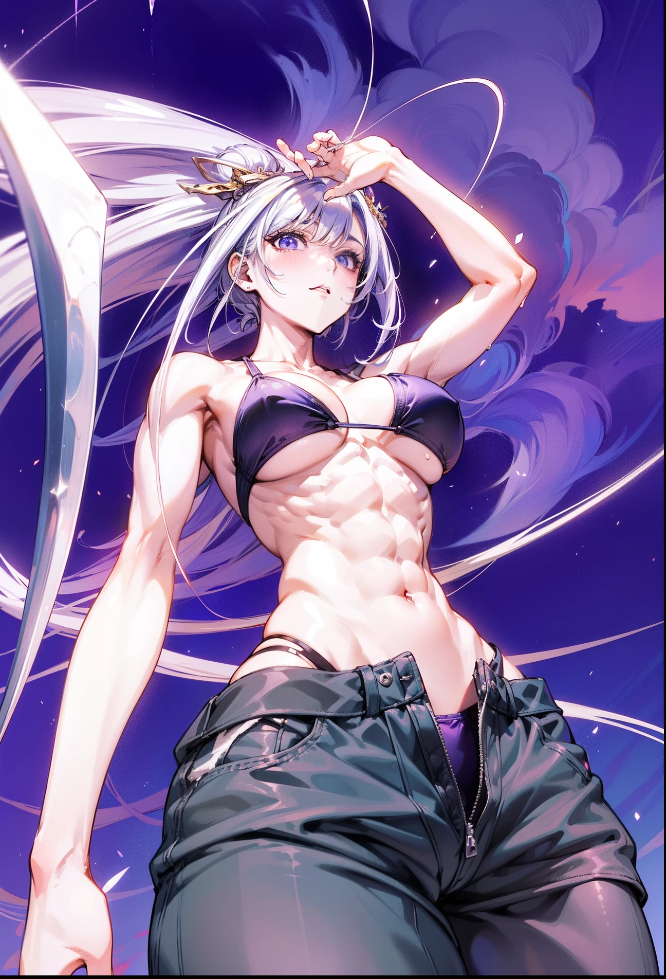(The best lighting) , (ultra intricately detailed) , 4K Unified, (super-detailed CG: 1.2) , (8K: 1.2),(Original), (masutepiece) , (Best Quality),(masutepiece:1.4),Anime-ish high quality,(masutepiece),masutepiece, Ultra-sharp image quality,Sharper than in the movie,(Fine face)Best Quality, absurderes,((masuter piece, 4K, 8K, yes, hight resolution))1girll, schoolgirls,She was in the thermal pool,10 strong abs,standing on your feet,exposing the abdomen, Crop topping,On the arm there is a bulge of dense veins,spring, Perfect figure, Long silver hair, Dynamic Pose,Legs exposed,Strong leg muscles ((body builder:1.5)),mount fuji background,Oyuki,Thermobaric,(Beautiful base),(girl),(Female),(((Upper body:1)))large udder Colossal tits Taut purple top Purple panties
