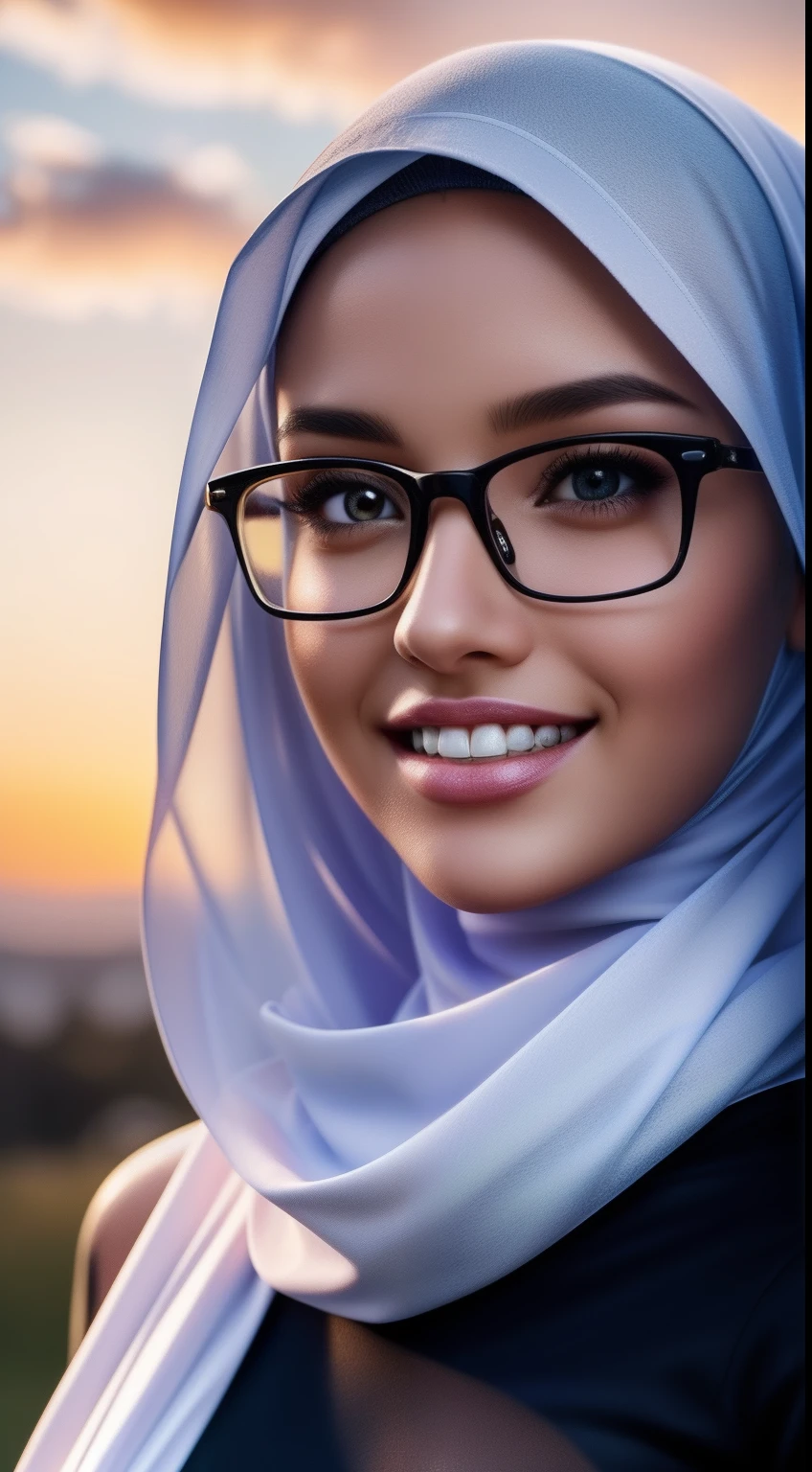 ultra realistic,16k,enhanced quality,perfect face,perfecthands,perfect body,ultra detailed,1girl,perfect hair,girl wearing glasess,perfect glasses,perfectsmile with braces,ultra realistic portrait:1.2,ultra realistic background,ultra realistic sunset, ultra realistic clouds,girl look at viewer:1.5,ultra realistic glowing butterfly,girl wearing perfect hijab,ultra realistic particles,perfect duck lips,islamic hijab,