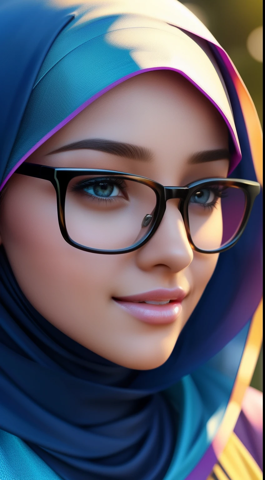 ultra realistic,16k,enhanced quality,perfect face,perfecthands,perfect body,ultra detailed,1girl,perfect hair,girl wearing glasess,perfect glasses,perfectsmile with braces,ultra realistic portrait:1.2,ultra realistic background,ultra realistic sunset, ultra realistic clouds,girl look at viewer:1.5,ultra realistic glowing butterfly,girl wearing perfect hijab,ultra realistic particles,perfect duck lips,islamic hijab,