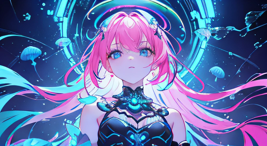 headphones🎧、pink hair、twin tails、blunt bangs、white hood、(high quality), (masterpiece), (be familiar with), 8K, surreal depiction of the future (1 girl 1.2), Japanese character entangled in cybernetic octopus tentacles、A dynamic fusion of organic and technical elements is captured in this visually stunning composition Green Eye、