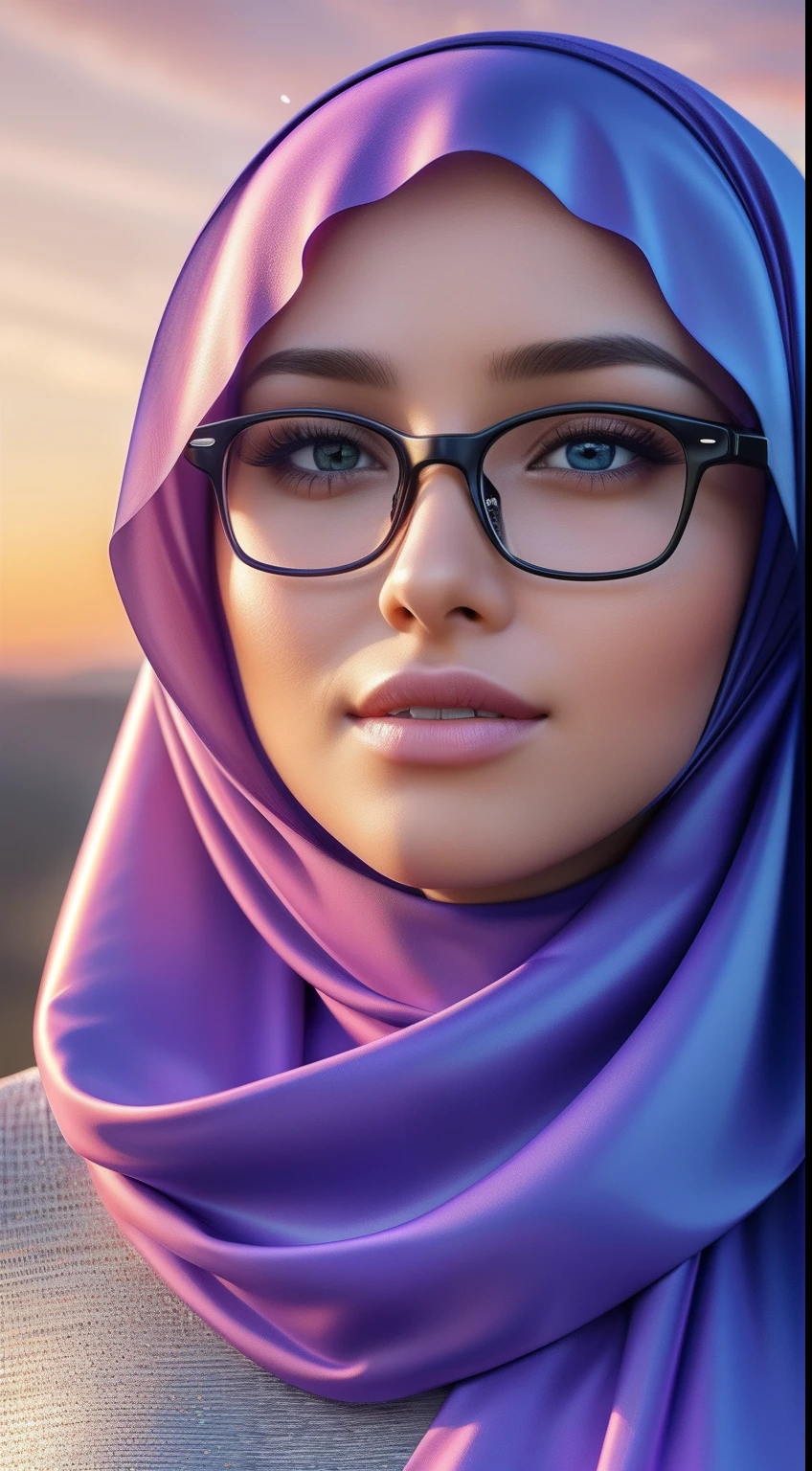 ultra realistic,16k,enhanced quality,perfect face,perfecthands,perfect body,ultra detailed,1girl,perfect hair,girl wearing glasess,perfect glasses,perfectsmile with braces,ultra realistic portrait:1.2,ultra realistic background,ultra realistic sunset, ultra realistic clouds,girl look at viewer:1.5,ultra realistic glowing butterfly,girl wearing perfect hijab,ultra realistic particles,perfect duck lips,islamic hijab,
