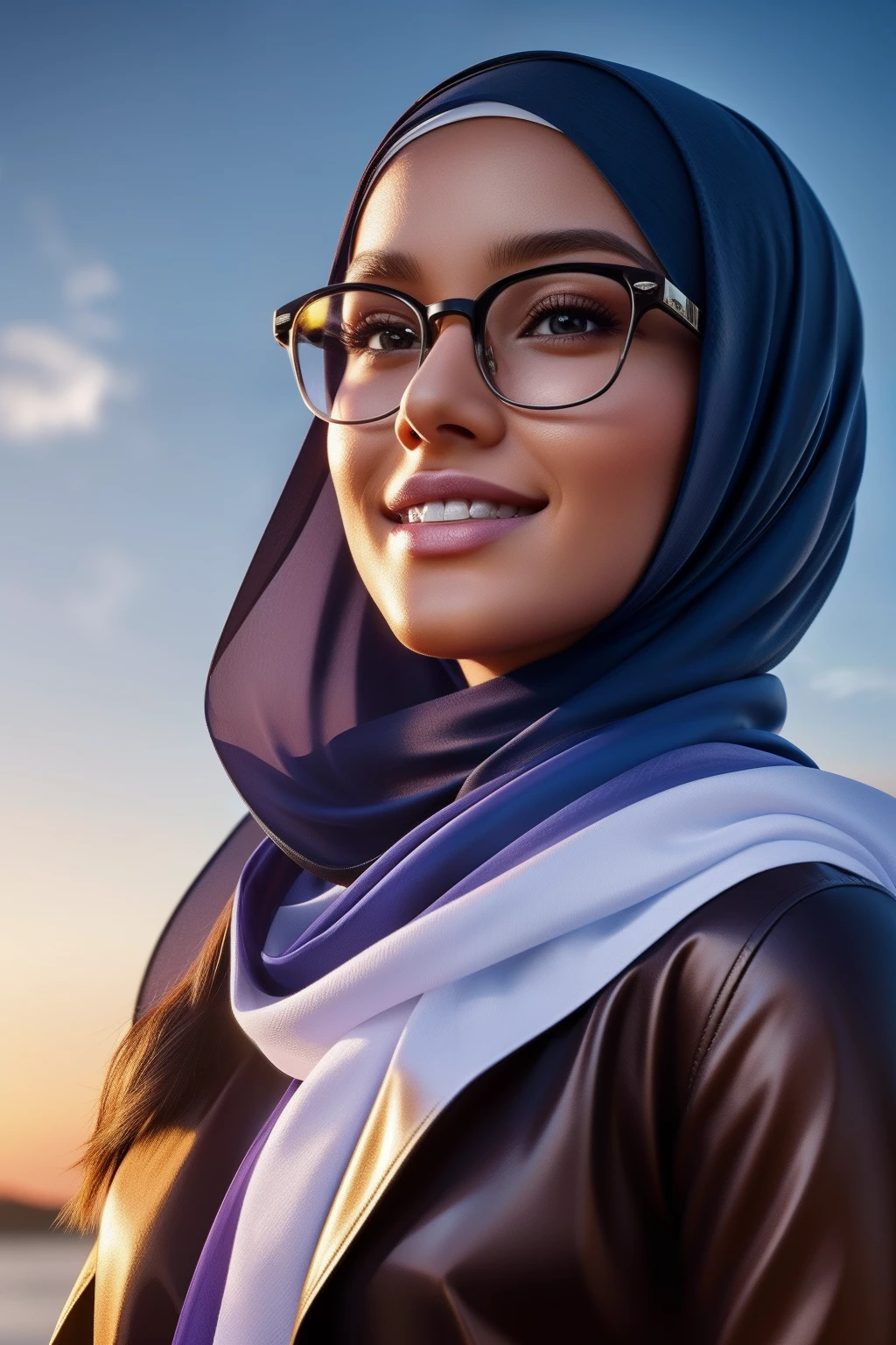 ultra realistic,16k,enhanced quality,perfect face,perfecthands,perfect body,ultra detailed,1girl,perfect hair,girl wearing glasess,perfect glasses,perfectsmile with braces,ultra realistic portrait:1.2,ultra realistic background,ultra realistic sunset, ultra realistic clouds,girl look at viewer:1.5,ultra realistic glowing butterfly,girl wearing perfect hijab,ultra realistic particles,perfect duck lips,islamic hijab,