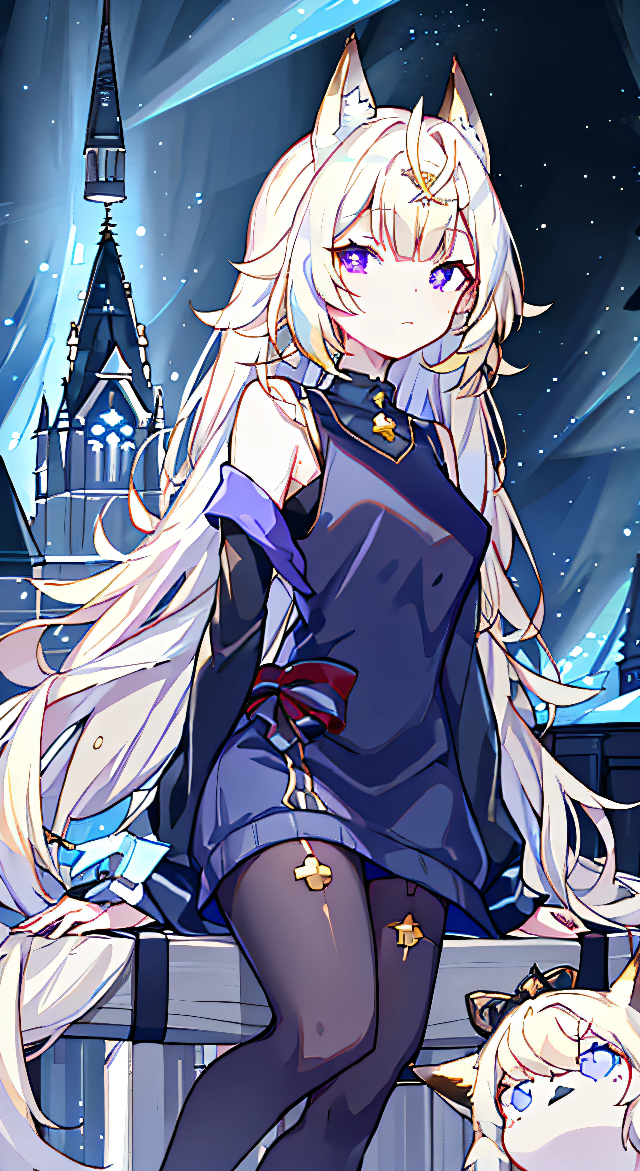 （（tmasterpiece，best qualtiy，4K，gelbooru，Pisif，best qualtiy，Hyper-detailing）），warmly lit，1 woman，Young adults，Beautiful young woman，（（Princess braids，Hairy bangs，long whitr hair）），（（fox ear）），（（Purple eye，sharp sharp eyes）），small boobs，starrysky，scowling，detailed city background，（（Sexy blue evening dress）），（（adorable and fluffy， very fluffy，Tucked into a black sleeveless sweater）），（（Sit at the top of the church tower，night city on the background，bird's eyes view）），Very modern futuristic environment