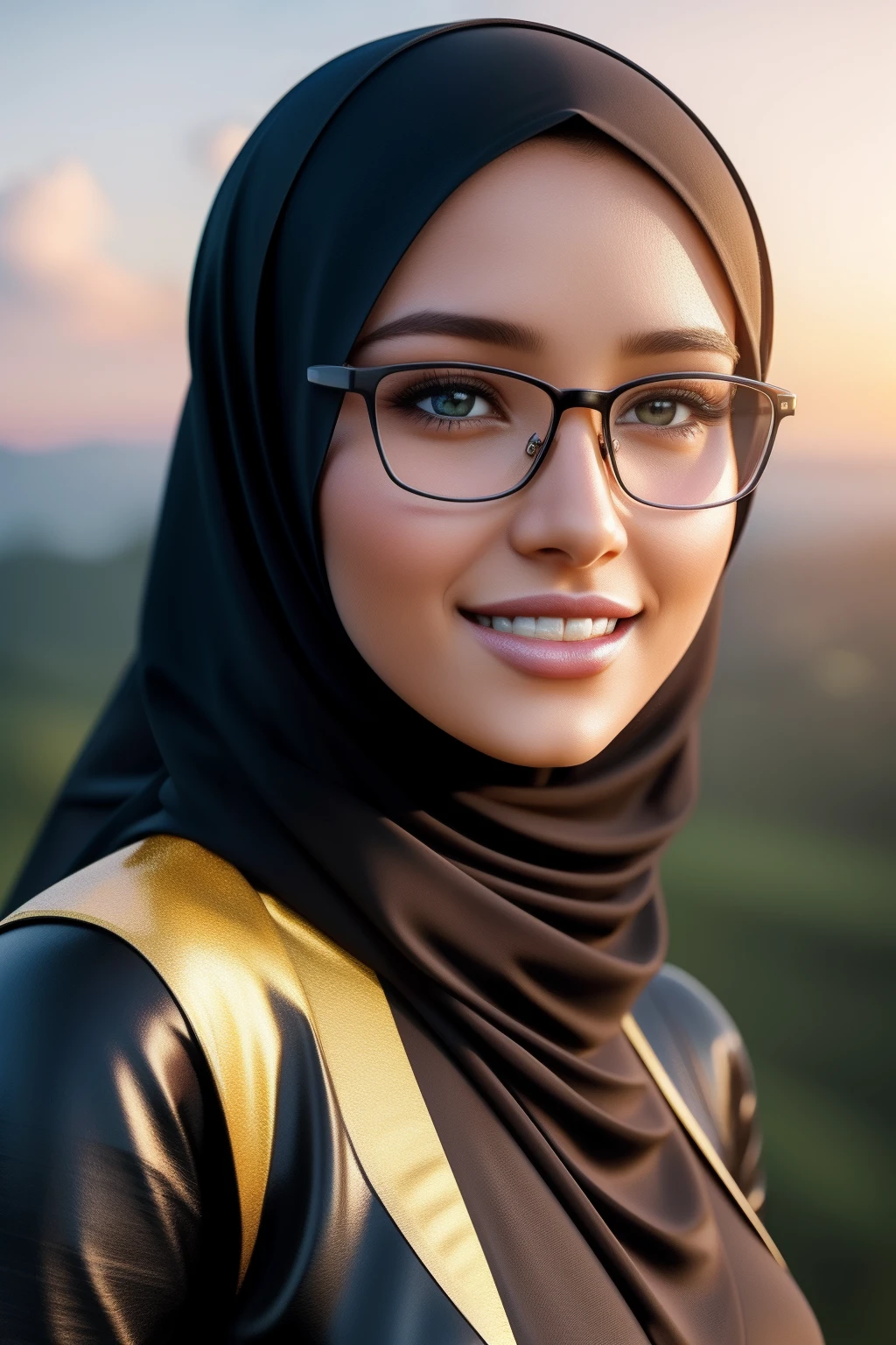 ultra realistic,16k,enhanced quality,perfect face,perfecthands,perfect body,ultra detailed,1girl,perfect hair,girl wearing glasess,perfect glasses,perfectsmile with braces,ultra realistic portrait:1.2,ultra realistic background,ultra realistic sunset, ultra realistic clouds,girl look at viewer:1.5,ultra realistic glowing butterfly,girl wearing perfect hijab,ultra realistic particles,perfect duck lips,islamic hijab,