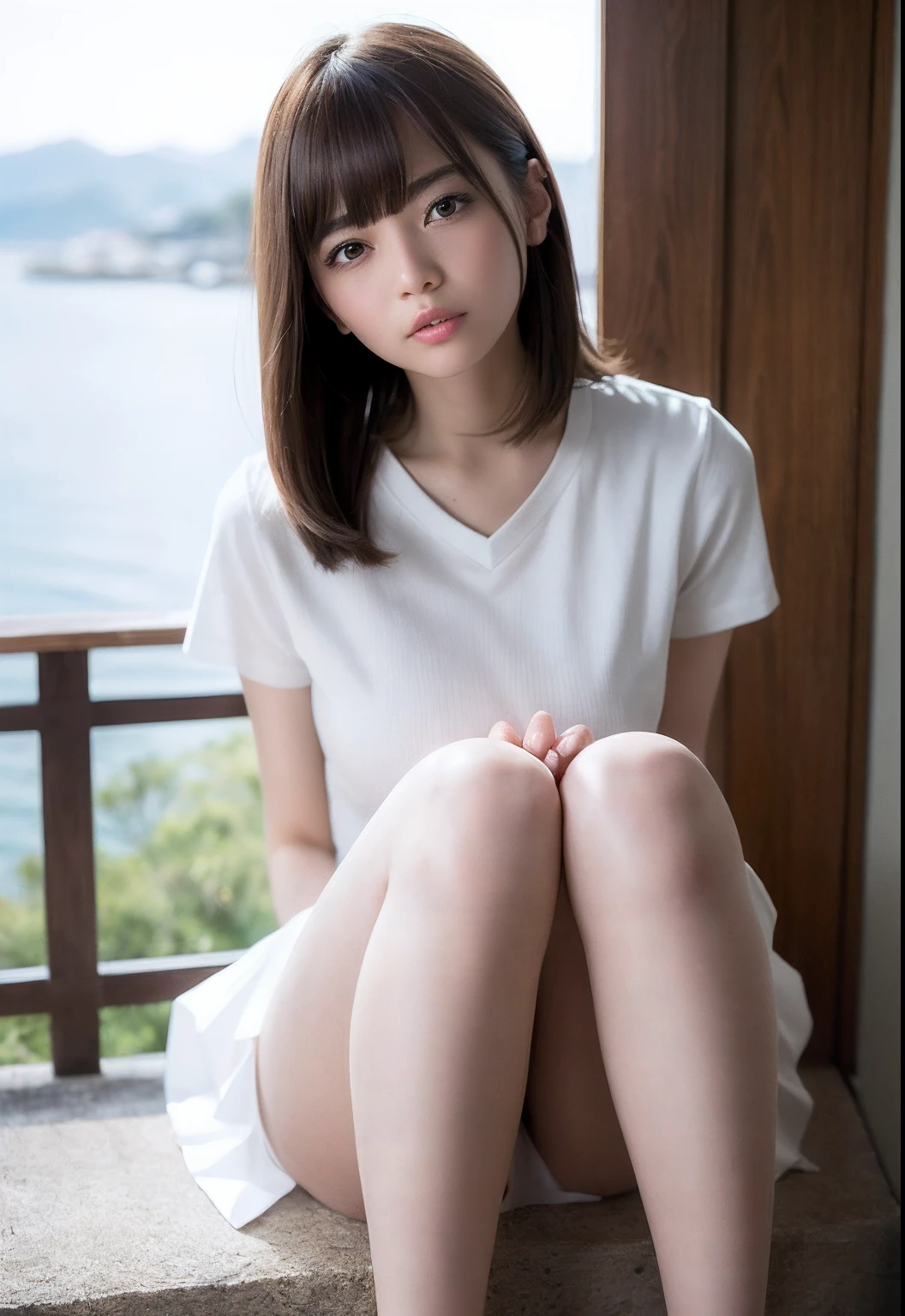 (Raw photography、top-quality)、female pervert(masterpiece:1.4)、(8K、realisitic、Raw photo、top-quality:1.4)、japanes、(1girl in)、beauitful face、(Real Face:1.4)、(Caramel hair、Bob Hair Hair:1.3)、Beautiful hairstyle、realisticeyes、Beautiful Detail Eye、(Real Skin:1.3)、Beautiful skin、enticing、超A high resolution、A hyper-realistic、high-detail、the golden ratio、(详细的脸:1.4)、high-school uniform、Cotton white underwear and pleated skirt、knee-bendings sitting、tiptoe、bare-legged、NSFW、 Pose(Bend your knees and open your legs)、(showing the panty)、realisitic、Photorealsitic:1.3)、top-quality、masterpiece、extremely delicate and beautiful、A highly detailed、nffsw、A sense of unity、2k wallpaper、magnifica、Beautiful in every detail、masterpiece、浅笑、top-quality、Highly detailed ticker Unity 8K wallpapers、huge filesize、ultra-detailliert、hight resolution、ighly detailed、Slim body、A slender、(Bob Hair Hair)、(brown haired)、looking at viewert、Normal、C Cup、NSFW、、、、PureFace_v1:0.8. High School Girl、shortsleeves、White Short Sleeve Cutter Shirt、Dark blue pleated skirt、Panties are perfectly visible from the skirt、Sitting on the harbor breakwater、Mare、