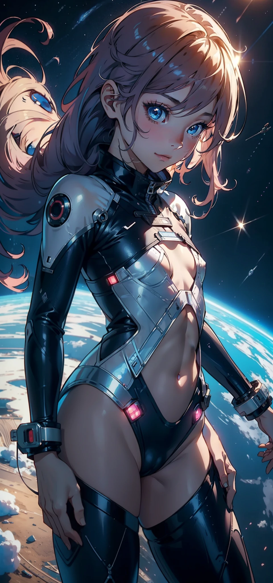 1female,age 5,bit girl,Small loli,smallunderboob, 独奏,(Background with:space ship,Artificial satellite,) She has long pink hair,Stand on a spaceship,seen from the front, hair straight, mostly cloudy sky,(((tmasterpiece),(Very detailed CG unity 8K wallpaper),best qualtiy,cinmatic lighting,detailed back ground,beatiful detailed eyes,Bright pupils,Blue eyes,(Very fine and beautiful),(Beautiful and detailed eye description),ultra - detailed,tmasterpiece,)),facing at camera,A high resolution,ultra - detailed),revealing breasts,Bare genitalia, Bulge,legs are open,Raised sexy,Camel toes,Flushed complexion,Smile,Desire for dissatisfaction,frontage,elementary student,The astronaut,(Wearing:Blue transparent spacesuit)