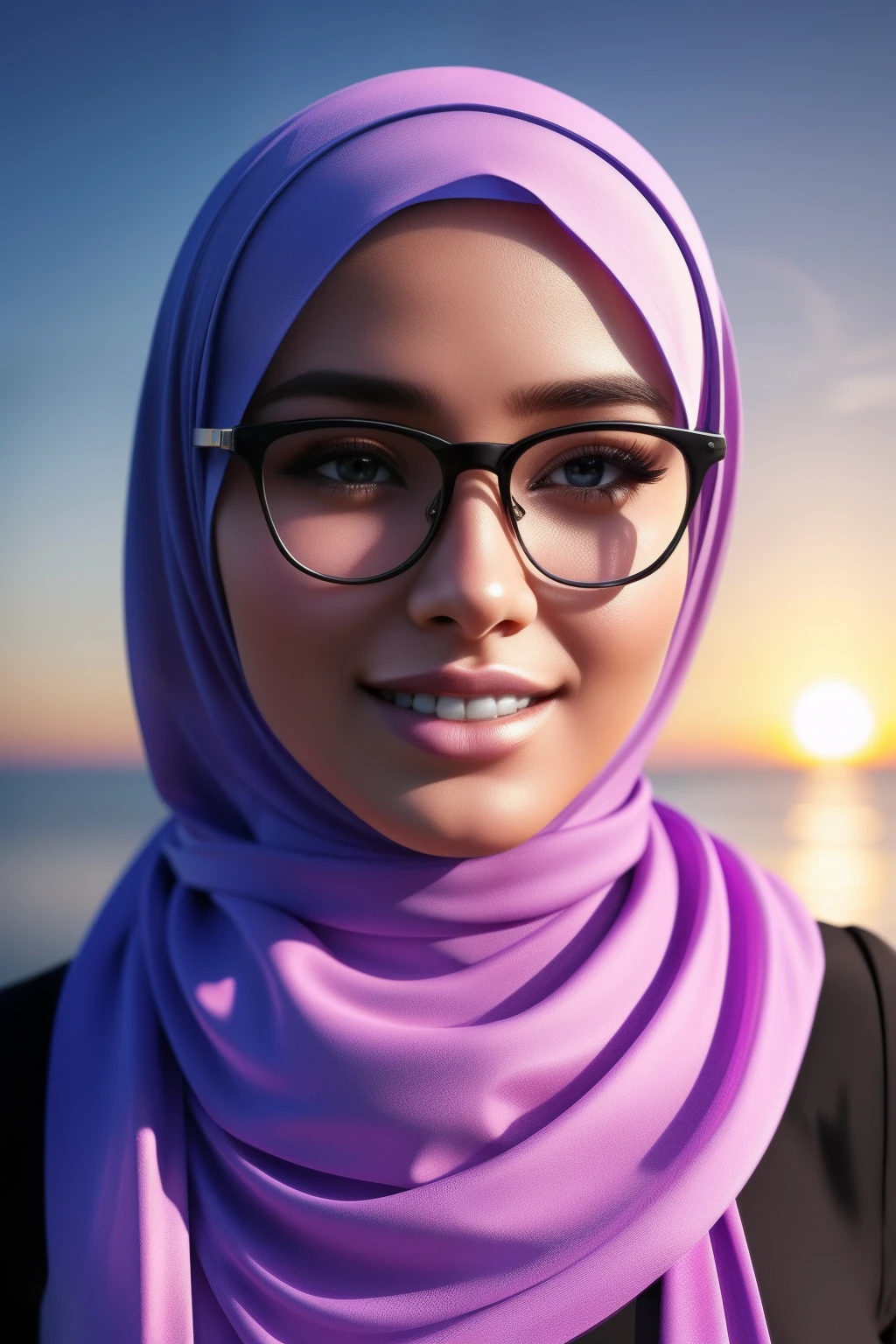 ultra realistic,16k,enhanced quality,perfect face,perfecthands,perfect body,ultra detailed,1girl,perfect hair,girl wearing glasess,perfect glasses,perfectsmile with braces,ultra realistic portrait:1.2,ultra realistic background,ultra realistic sunset, ultra realistic clouds,girl look at viewer:1.5,ultra realistic glowing butterfly,girl wearing perfect hijab,ultra realistic particles,perfect duck lips,islamic hijab,
