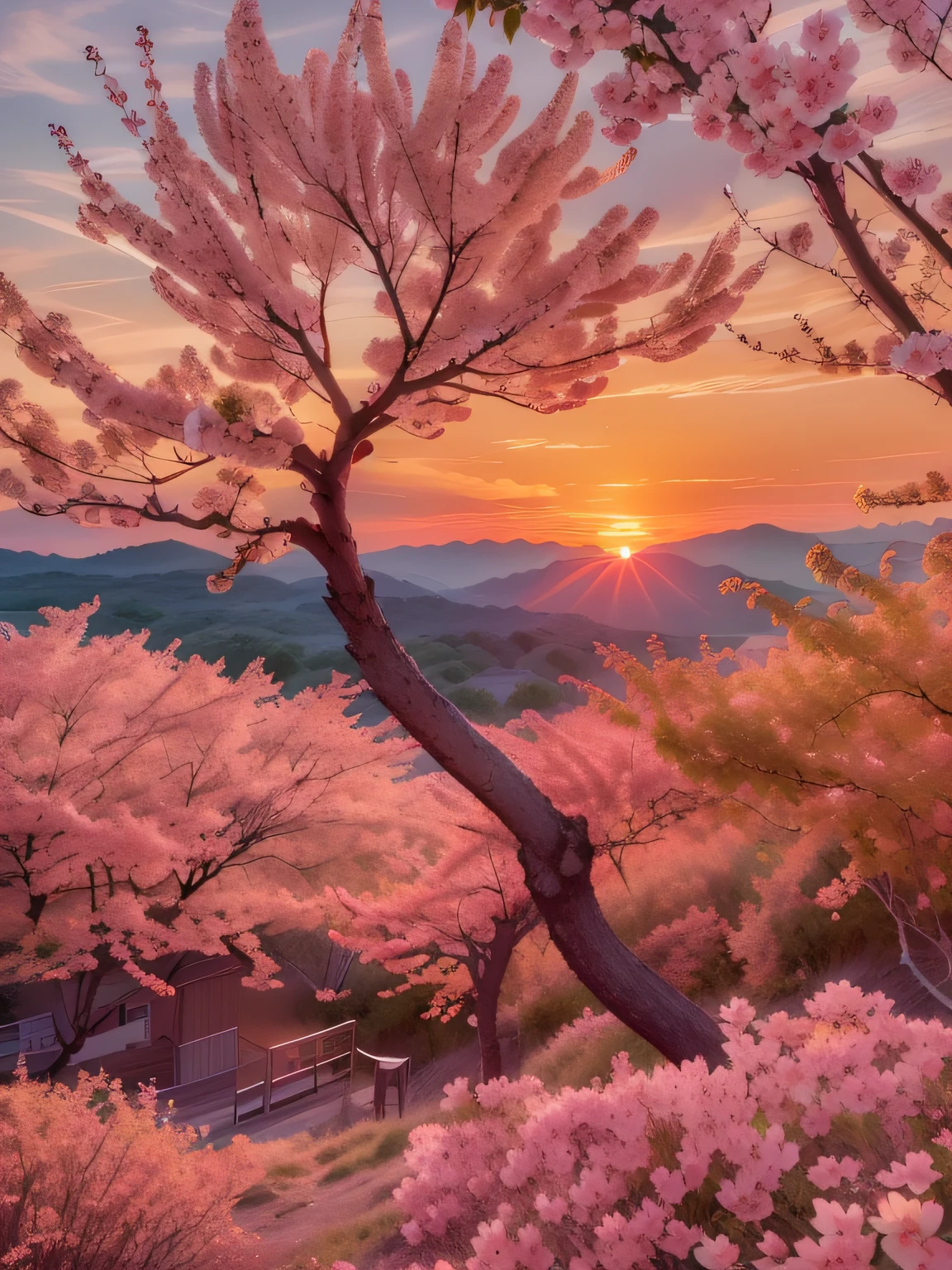Cherry blossom tree in front of mountain with sunset background, sunset glow, beautiful sunset glow, Vibrant sunrise, Cold sunset, pink golden hour, brilliant sunset, Red Pink Sunset, Sunrise colors, Pink sunset, pastel orange sunset, orange / Pink sky, Sunset color, Red sky, Sunset Red and Orange, Red sunset, Shades of pink sunset, Red and orange glow