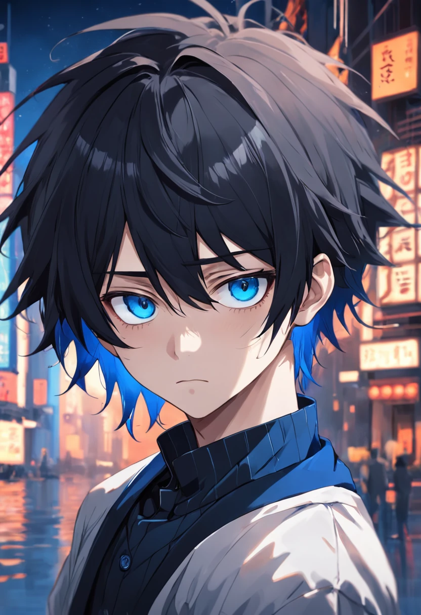 The male,being thin,Longer hair, Bangs half-cover one eye, Black top, Black hairstyle, Dark blue eyes, Boy high detail, High quality,pupils,Gloomy,Introverted,Background with,head portrait