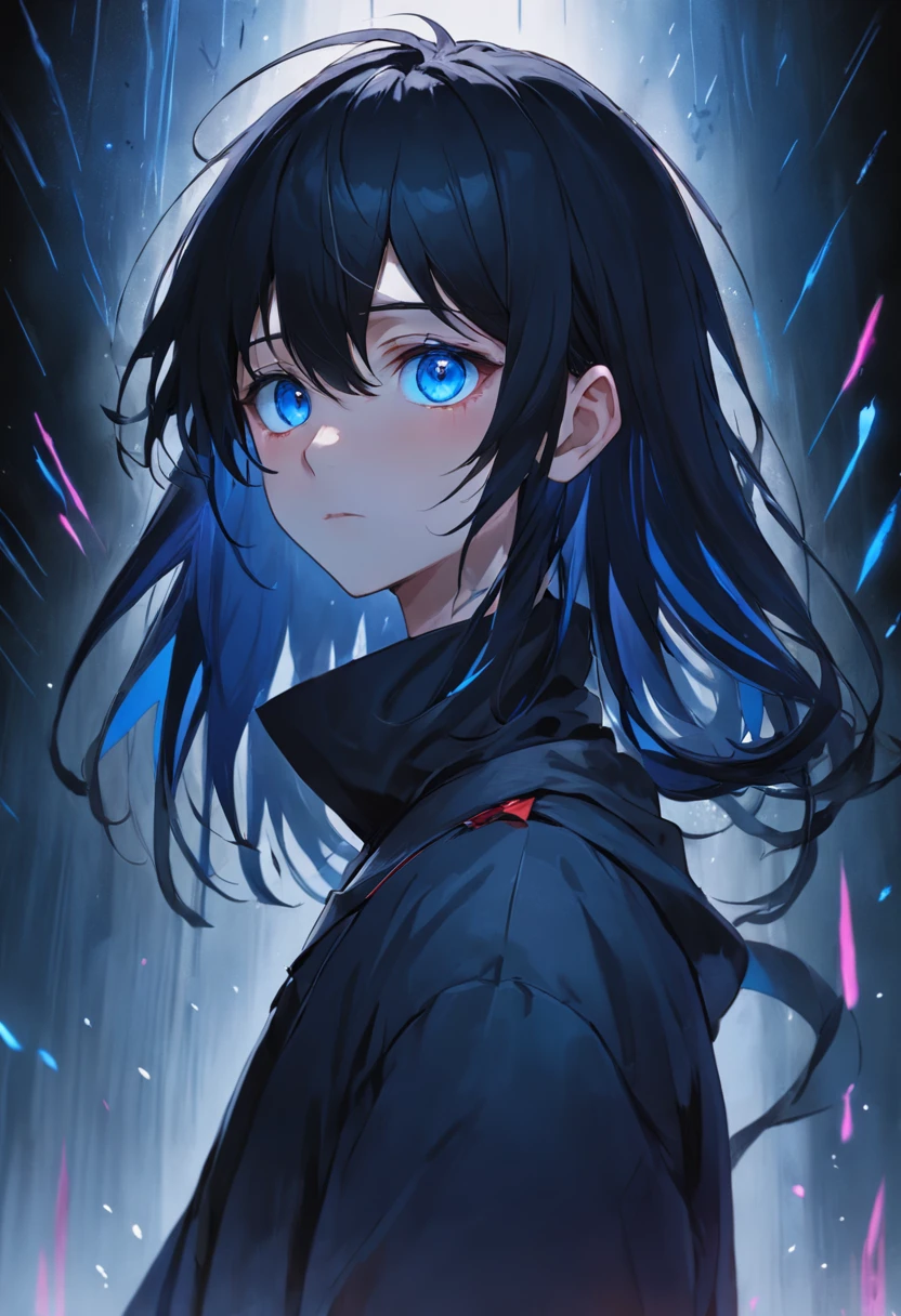 The male,being thin,Longer hair, Bangs half-cover one eye, Black top, Black hairstyle, Dark blue eyes, Boy high detail, High quality,pupils,Gloomy,Introverted,Background with,head portrait