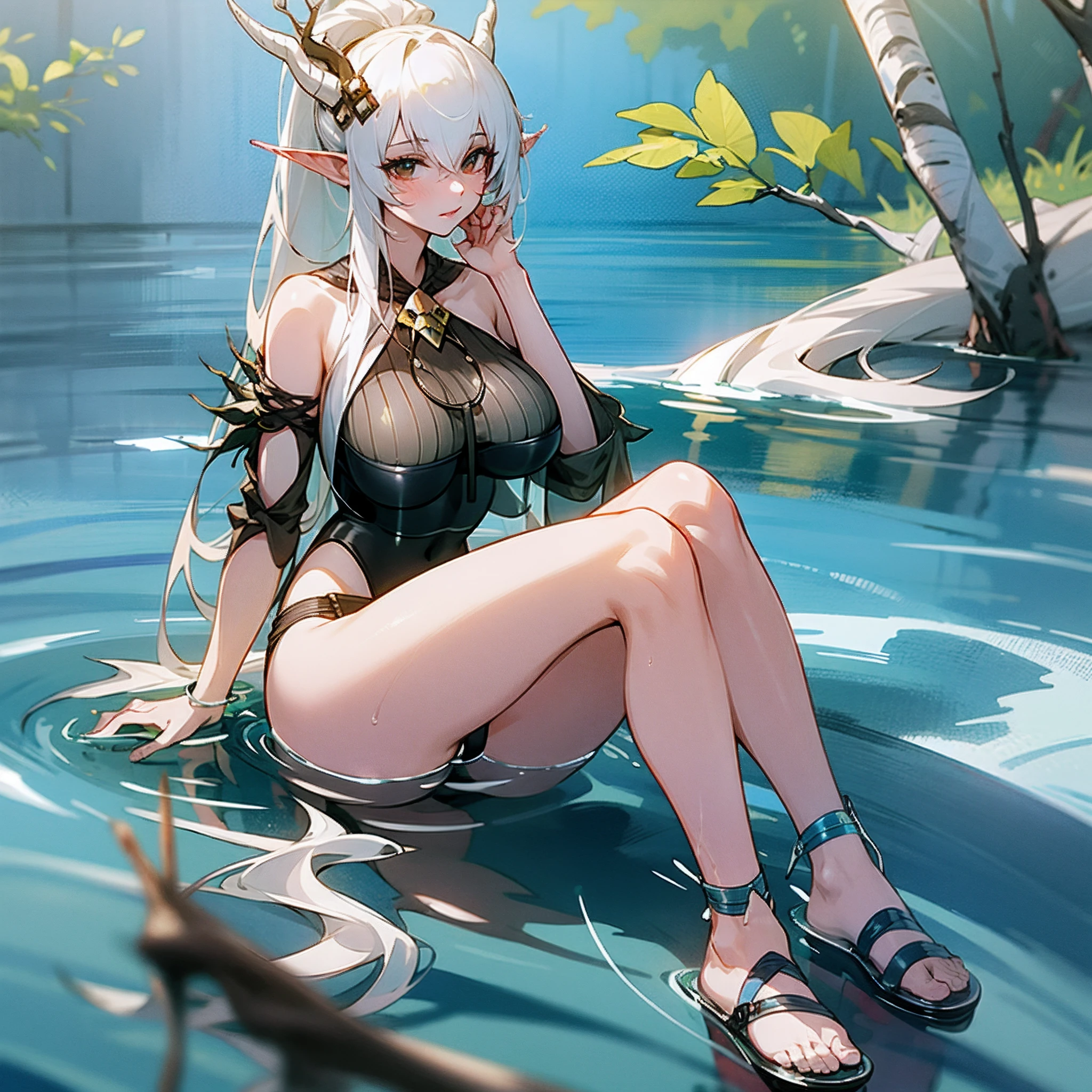 1girl, shininghead, perfect tits, full body, lake, sits, high resolution