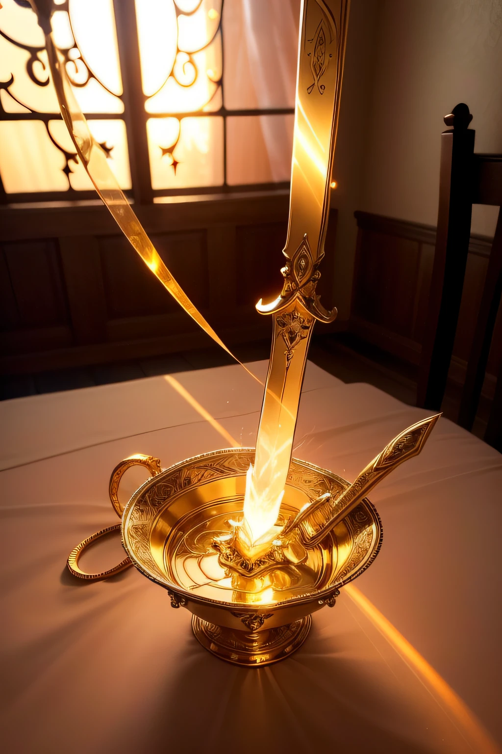 A beautifully detailed image of an enchanted sword lying on a table, glowing with magical energy. The blade, gleaming with a soft, warm light, curves and twists as it stretches from hand to hand, creating a mesmerizing, ethereal trail of swirling flames. The surrounding room is bathed in a warm, golden light, casting a warm glow on the item. macro lens, golden hour, soft lighting