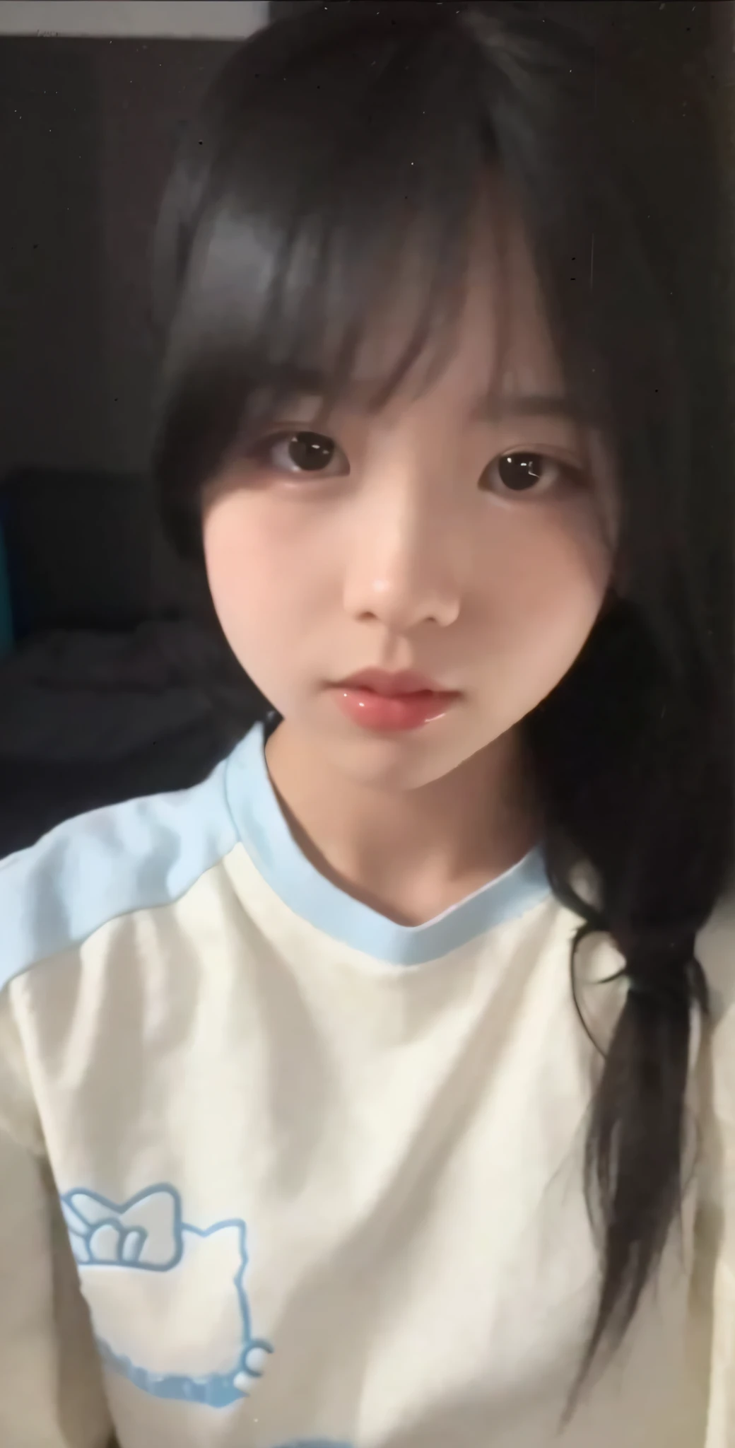 there is a young girl with long hair wearing a white shirt, wan adorable korean face, She has a cute face, with cute doting eyes, young lovely Korean faces, young cute wan asian face, she has a cute expressive face, She is facing the camera, ulzzangs, showing her face, Korean girl, big round cute eyes, bedroom eyes,16-year-old female high school student