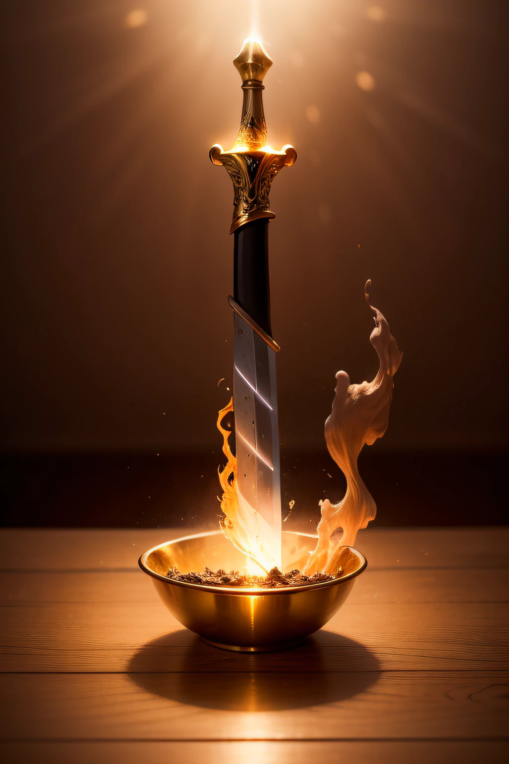 A beautifully detailed image of an enchanted sword lying on a table, glowing with magical energy. The blade, gleaming with a soft, warm light, curves and twists as it stretches from hand to hand, creating a mesmerizing, ethereal trail of swirling flames. The surrounding room is bathed in a warm, golden light, casting a warm glow on the item. macro lens, golden hour, soft lighting