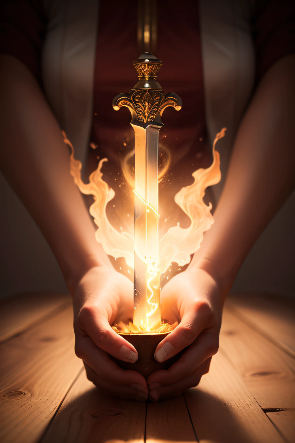 A beautifully detailed image of an enchanted sword lying on a table, glowing with magical energy. The blade, gleaming with a soft, warm light, curves and twists as it stretches from hand to hand, creating a mesmerizing, ethereal trail of swirling flames. The surrounding room is bathed in a warm, golden light, casting a warm glow on the item. macro lens, golden hour, soft lighting
