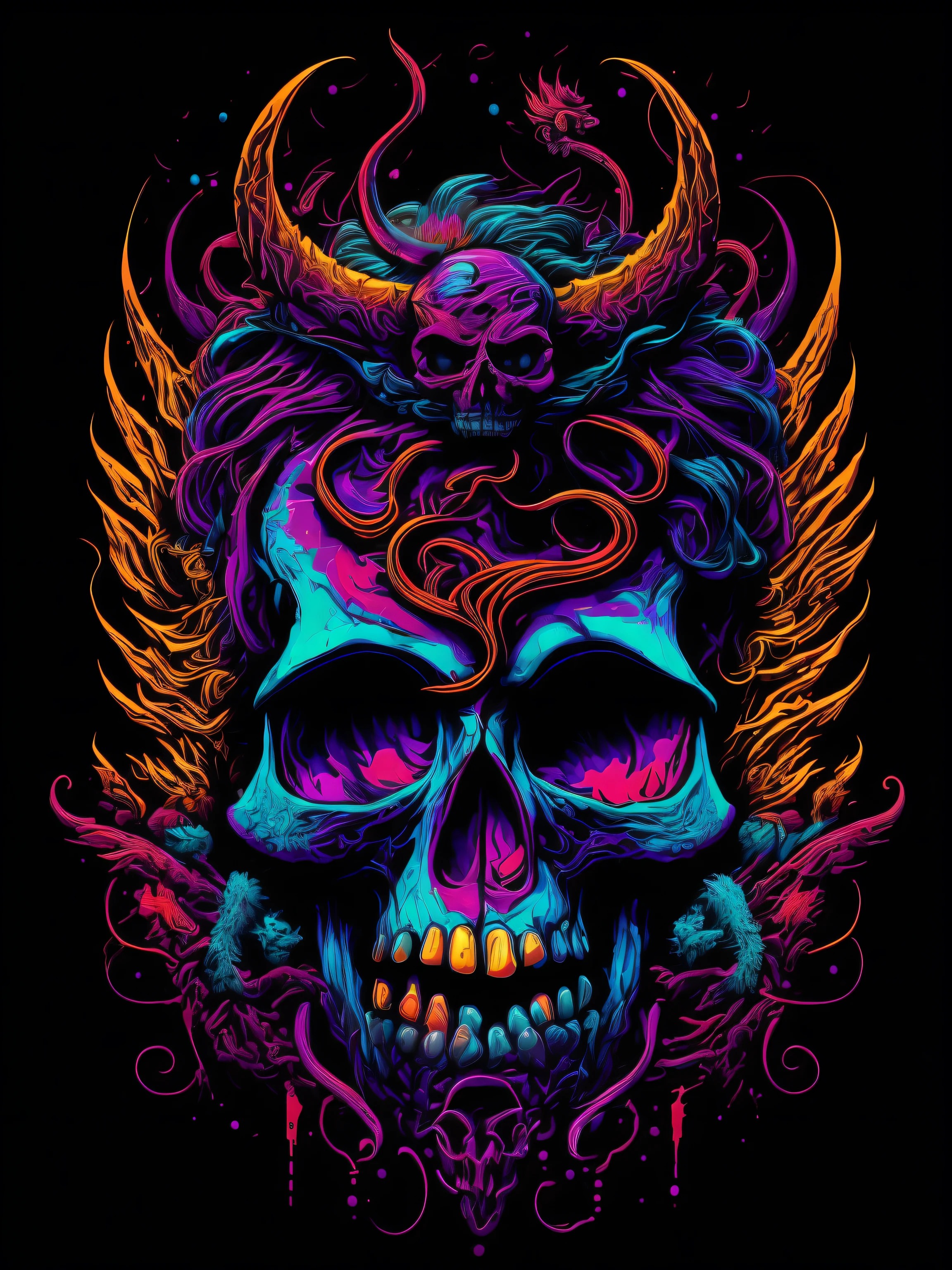 best quality, masterpiece, skull and dragon, purple Blue Red Orange, bright neon colors on a black background, vector art,