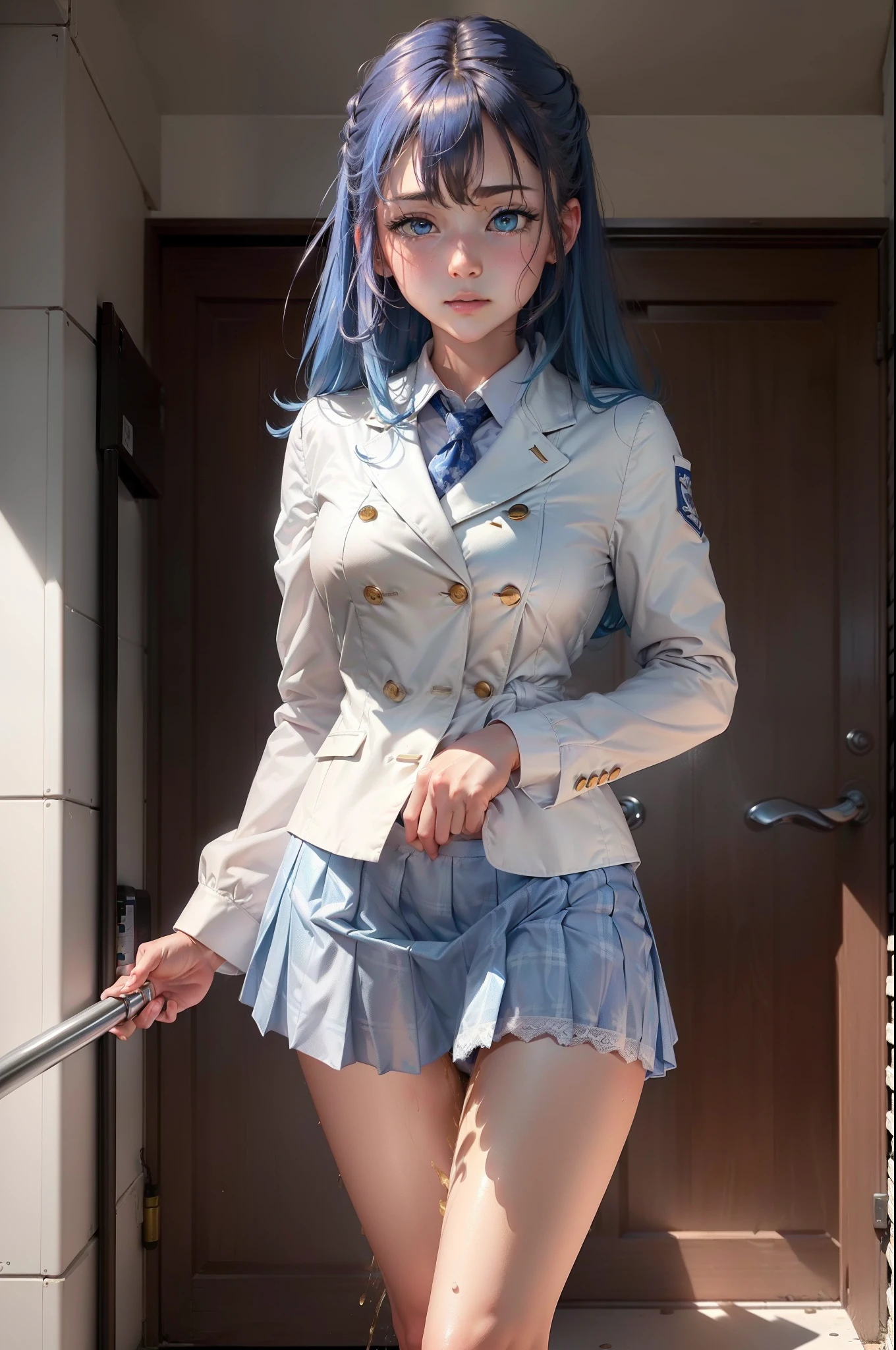 ((Medium-breasted, Small head)), (Perfect body: 1.1), (Young), (Short wavy hair: 1.2), (((school uniform)), (Highly detailed CG 8k wallpaper), (Very delicate and beautiful), (Masterpiece), (Best quality: 1.0), (hyper HD: 1.0), Beautiful lighting, Realistic shadows, [A high resolution], (((Realistic skin))), Ultra detail, slightly thicker thighs, ( Beautiful shiny hair), Beautiful big,(Blush), Photoreal, Realistic face, Realistic eyes, (Small eyes), (eyes liner), (mascara), Sexy, (Sexy woman), (lightblue hair), Photo of a -yeld wo, (White lace panties), kneehigh,(Clear white shirt), Dark brown loafers, Black socks,,(Sheer blue pleated skirt), bangs, brownfootwear, (shiny big),, (Clear blue eyes),((((Panty shots)))), (Full body shine)(The body is shiny),((Cover the urethral opening tightly with both hands)), There is shine on the legs, The legs are shiny, Sweat, The legs are shiny, Slim body), (Japanes girl' high school uniform)),，((((Keep urine 2400ml for 12 hours examination))))，2400 meters 6 minutes running test，embarressed，Be red in the face，(((running track)))，White strangled panties，The lower abdomen is bulging，realisticlying