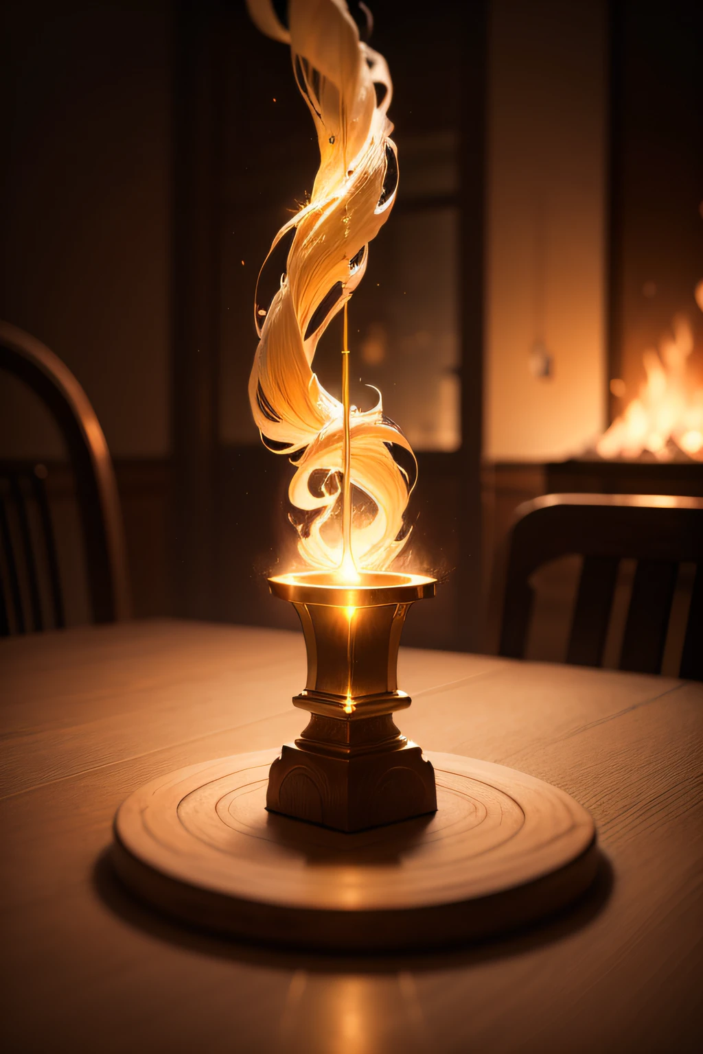 A beautifully detailed image of an enchanted sword lying on a table, glowing with magical energy. The blade, gleaming with a soft, warm light, curves and twists as it stretches from hand to hand, creating a mesmerizing, ethereal trail of swirling flames. The surrounding room is bathed in a warm, golden light, casting a warm glow on the item. macro lens, golden hour, soft lighting