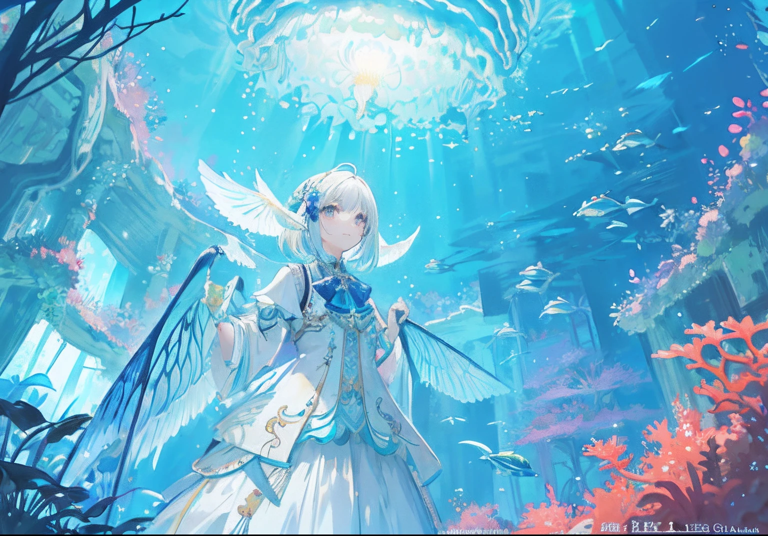 ​masterpiece, hightquality, Marine forest, 城市, Fantastic Fantasy, A 22-year-old girl in the center is looking up at the sky、glowing plants, Coral Viaduct, (A flock of glowing jellyfish), (School of fish with transparent wings flying in the sky), foggy, Extreme detailing, Morning light, Magnificent composition, (intricate detailes), (intricate designs, The ultra-detailliert: 1.2), art  stations, (​masterpiece, top-quality), Ulutra HD, 32k 、Fish shadow、Lots of Fish、View from below、Under the sea --v 6