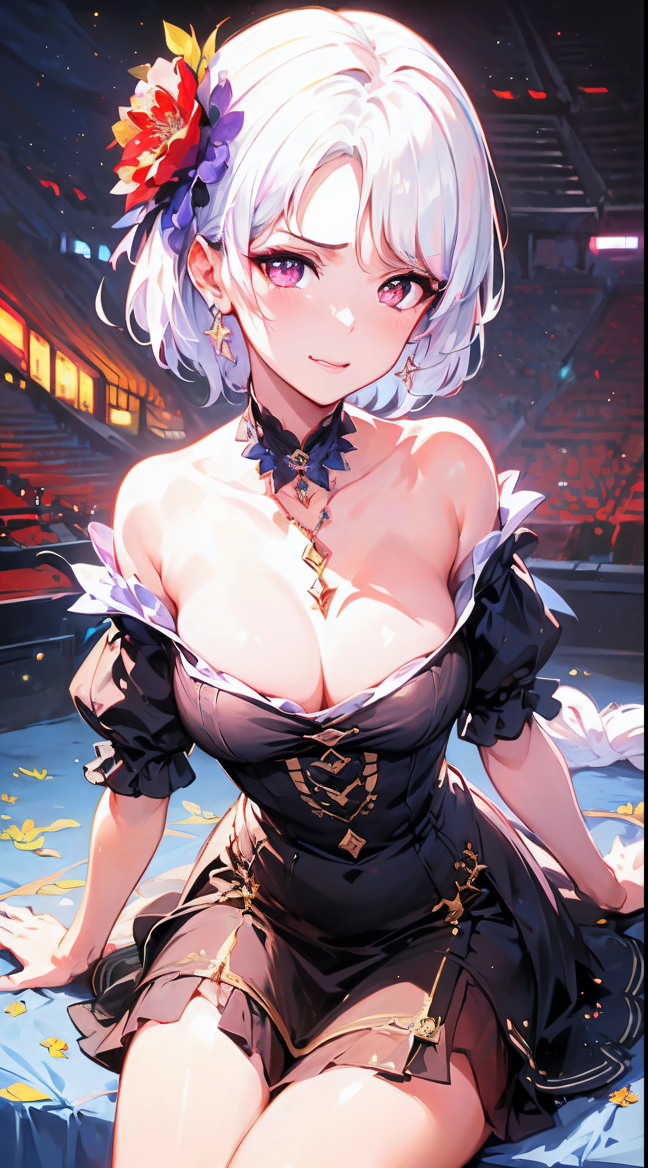 (Best quality),(4k), [highly grand detailed CG painting]!!,(((the Greatest masterpiece,))) (ultra detailed),(((idol))),(intricately details),(Natural,cute face,)(((extremely hateful face))),((((beautiful flower field)))),(dynamic angles,view from the top),(glitter),(dynamic lighting),(blooming,synthetic wave), (reality: 0.7), solo,