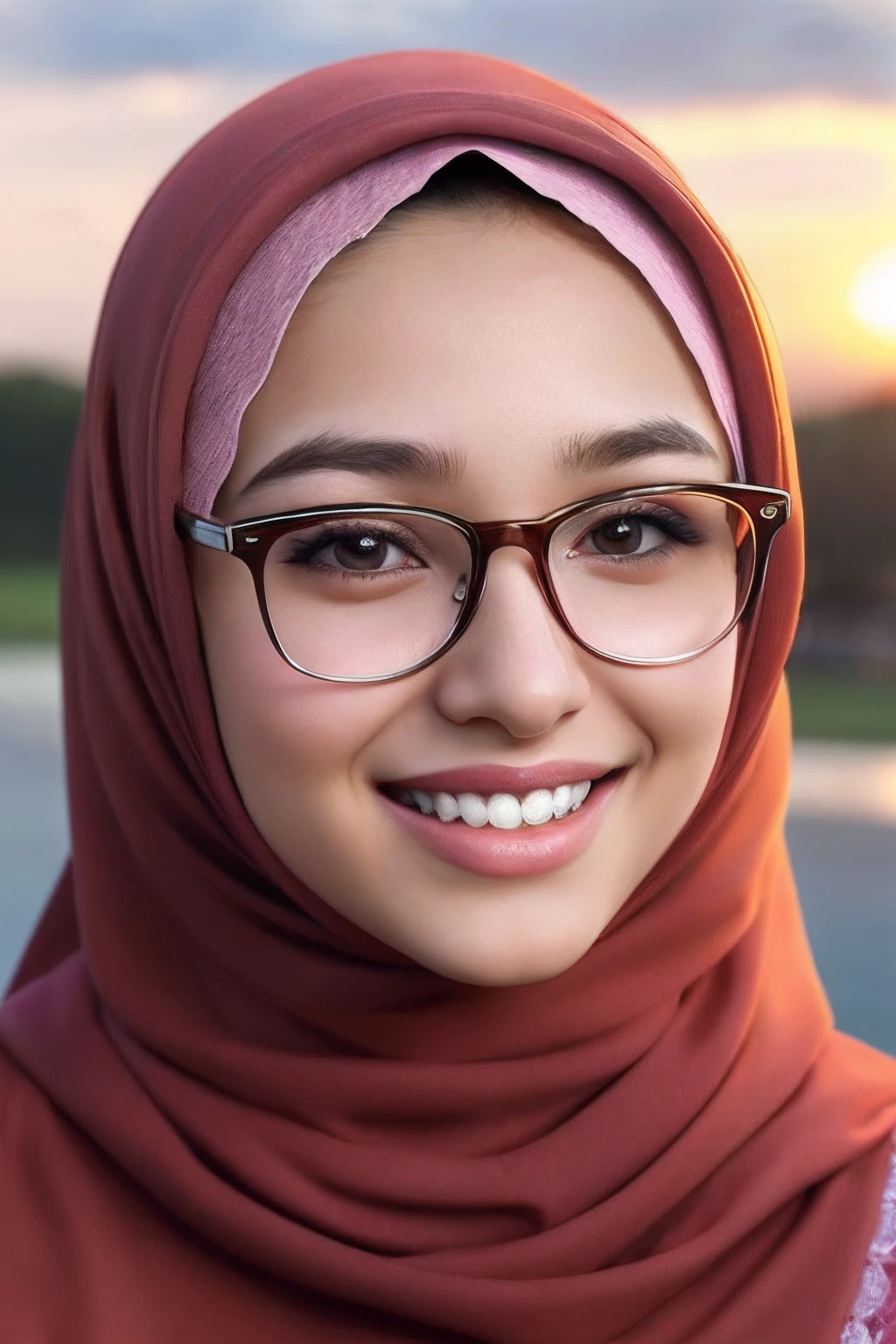 ultra realistic,16k,enhanced quality,perfect face,perfecthands,perfect body,ultra detailed,1girl,perfect hair,girl wearing glasess,perfect glasses,perfectsmile with braces,ultra realistic portrait:1.2,ultra realistic background,ultra realistic sunset, ultra realistic clouds,girl look at viewer:1.5,ultra realistic glowing butterfly,girl wearing perfect hijab,ultra realistic particles,perfect duck lips,islamic hijab,