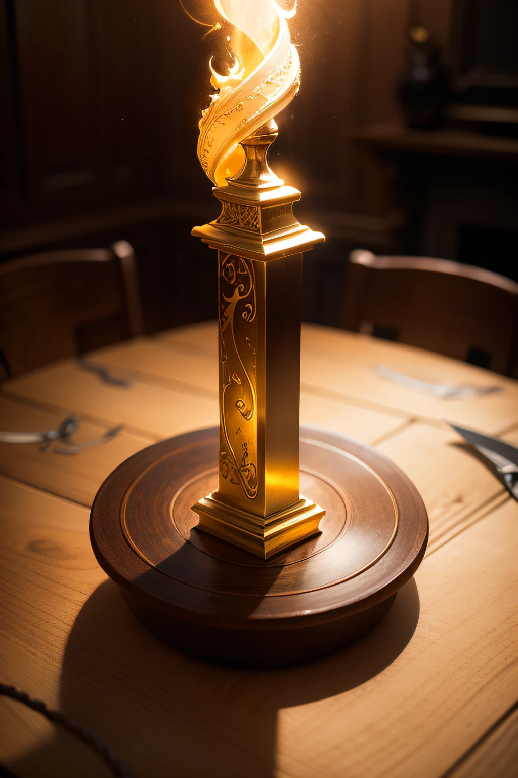 A beautifully detailed image of an enchanted sword lying on a table, glowing with magical energy. The blade, gleaming with a soft, warm light, curves and twists as it stretches from hand to hand, creating a mesmerizing, ethereal trail of swirling flames. The surrounding room is bathed in a warm, golden light, casting a warm glow on the item. macro lens, golden hour, soft lighting