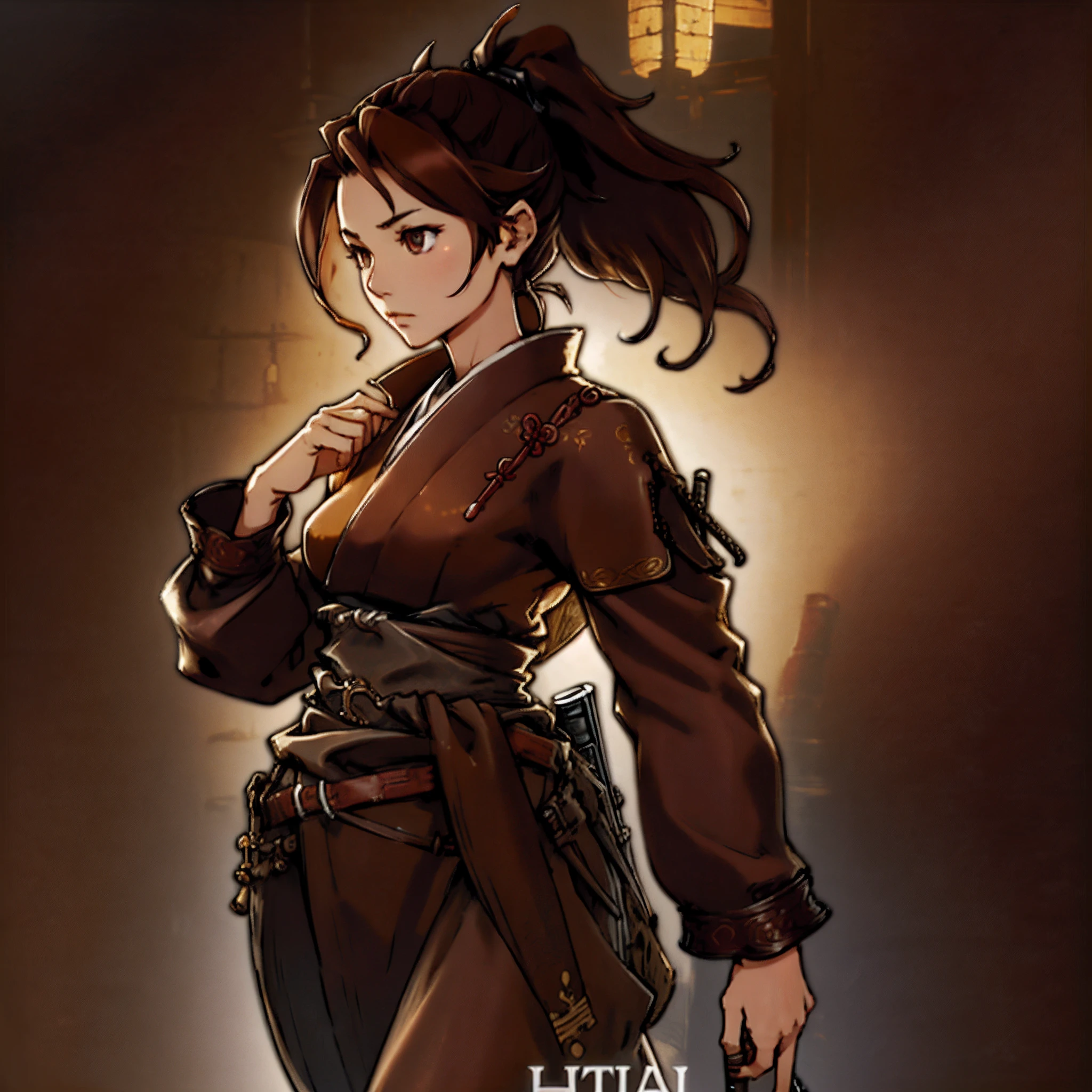 Game Art design, Octopath Traveler 2, 1girl, hikari ku, (solo:1.4), brown hair, ponytail, samurai warrior wearing a katana on his waist belt, japanese clothes with ornaments, yoroi, extremely detailed face and eyes, absurdes