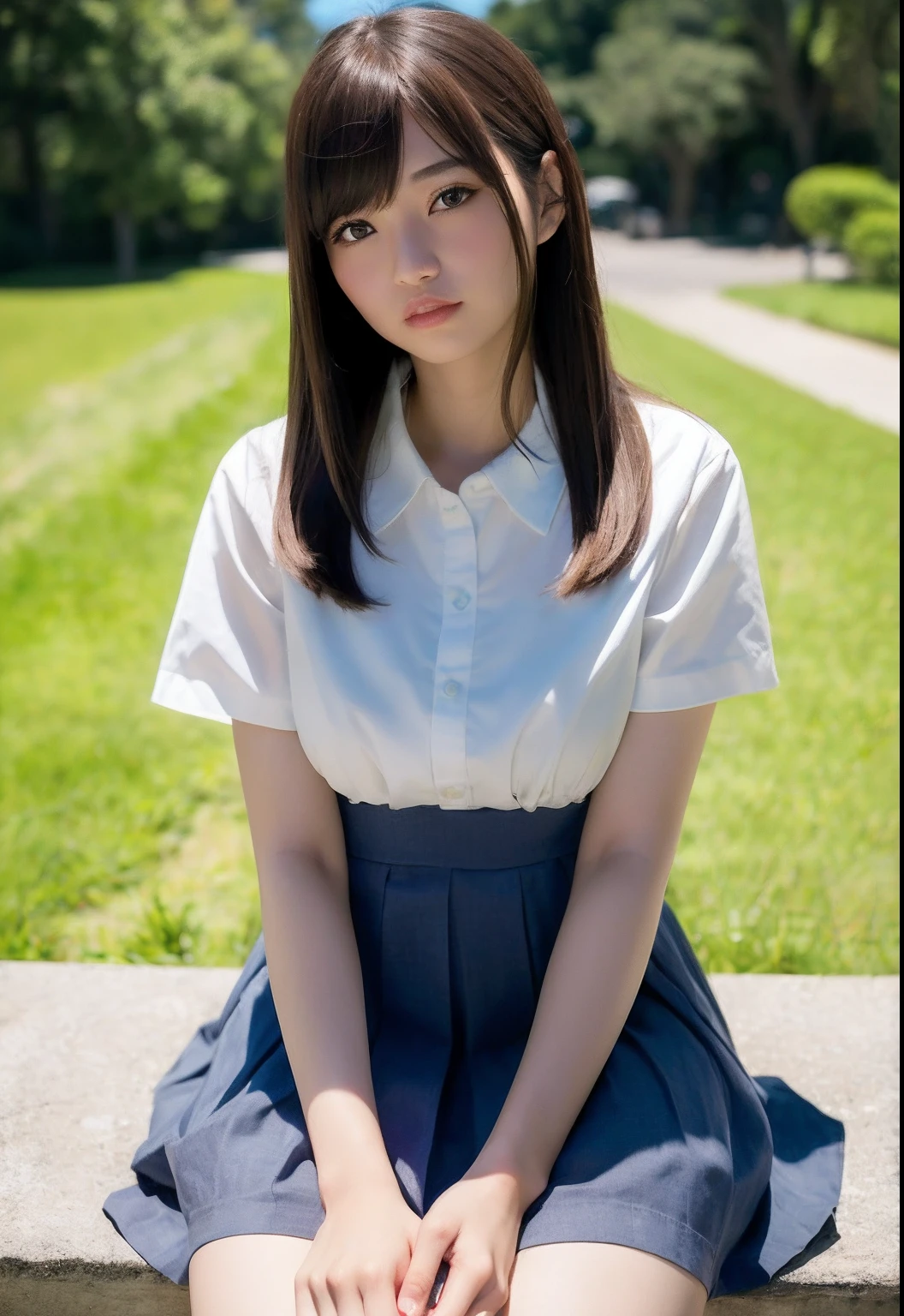 ((8k)),((Japanese)),(10 :1.6),(Innocent and innocent face:1.5),(highly detailed face),(gentle eyes),((straight bang hair)),girl,cute,summer clothes,everyday wear,short sleeve,random color shirt,Random skirt,in front of the flower bed in the garden,sitting,semi-long black hair,Decolletage